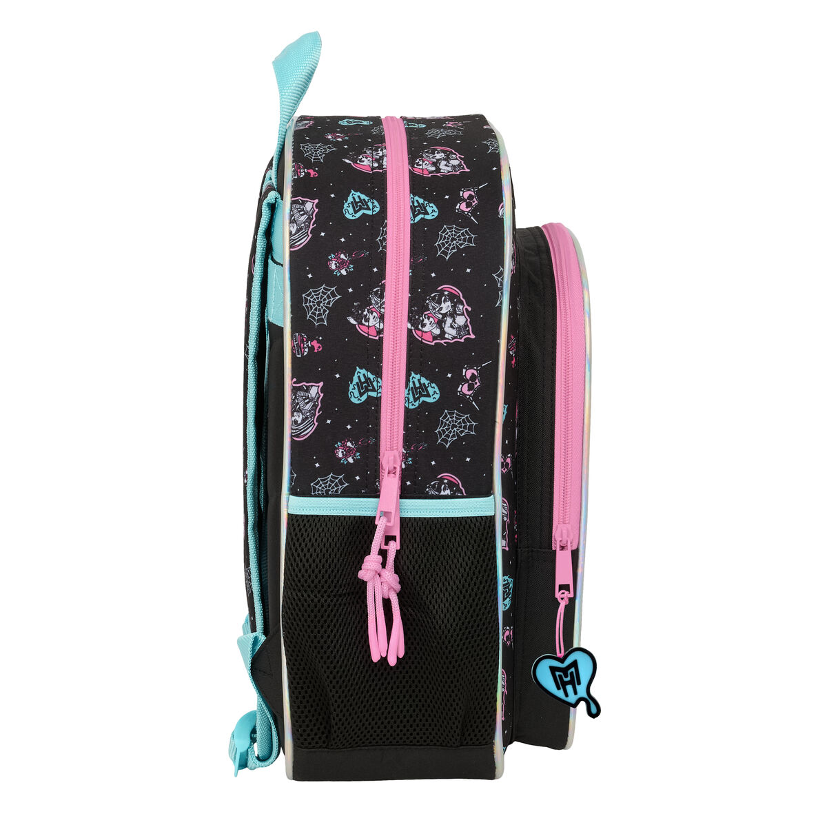 Schwarzer Rucksack mit pinken Reißverschlüssen und Monster-Motiven.