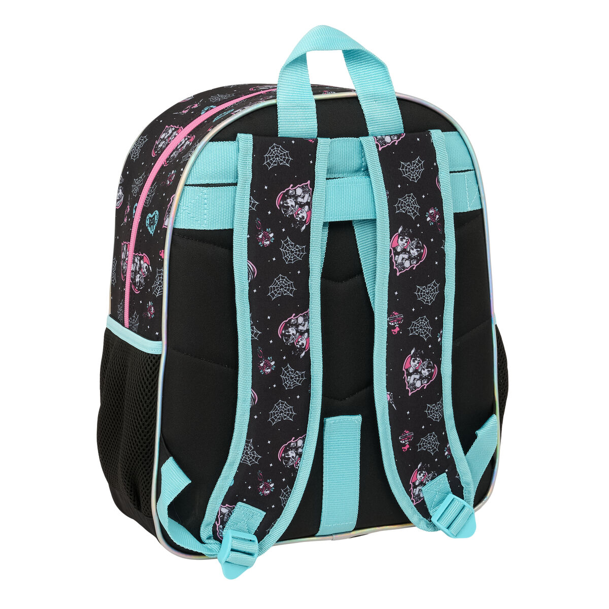 Schwarzer Rucksack mit türkisfarbenen Trägern und Spinnennetz-Motiv.