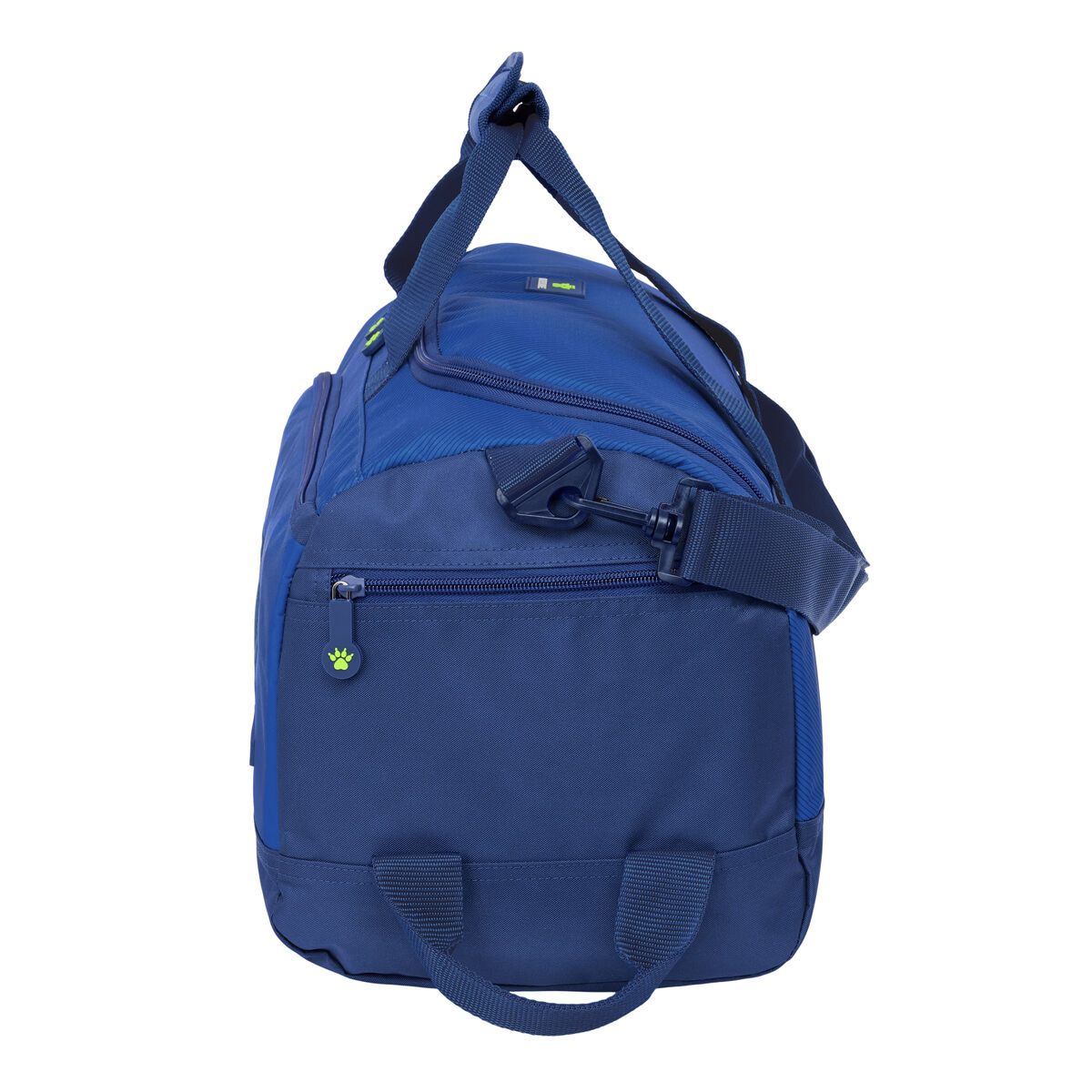 Blaue Reisetasche mit Reißverschlüssen und Tragegriffen, mit Pfotenabdruck-Anhänger.