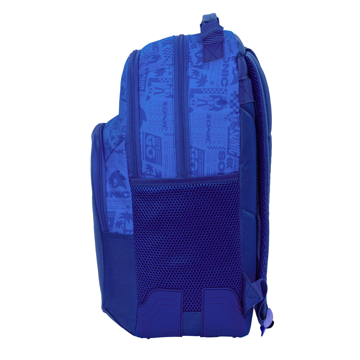 Uno zaino blu a tema Sonic, mostrato di lato.
