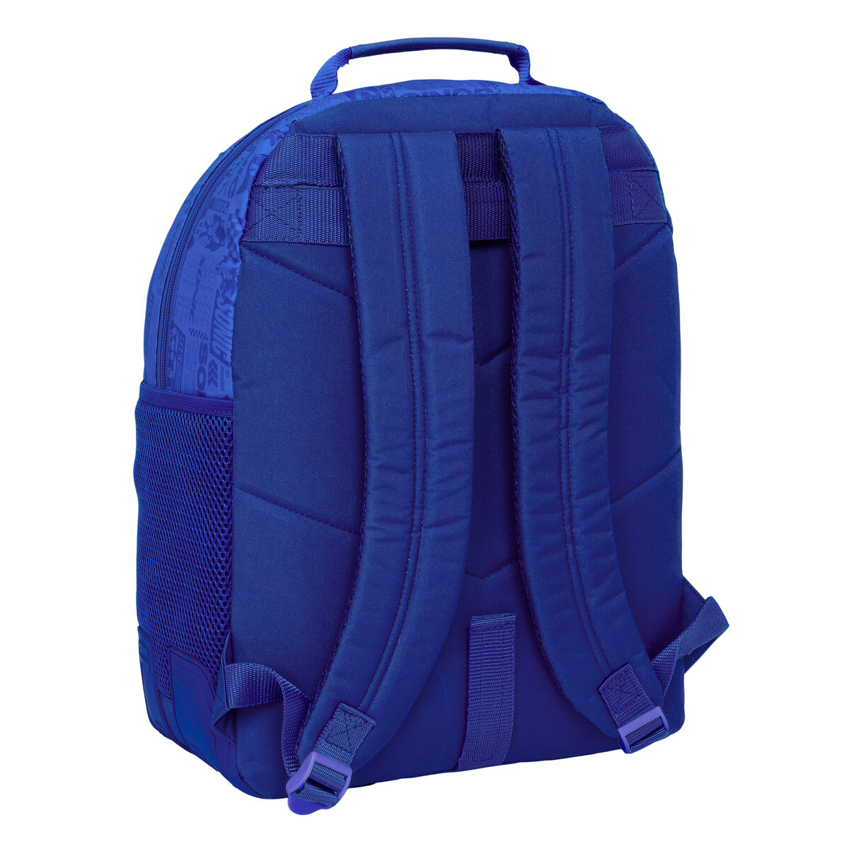 Uno zaino blu con spallacci imbottiti e tasche laterali in rete.