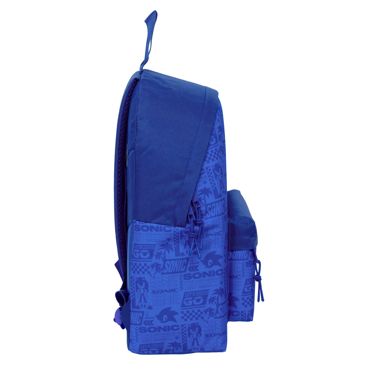 Ein blauer Rucksack mit Sonic-Muster. Links ist ein Reißverschluss.