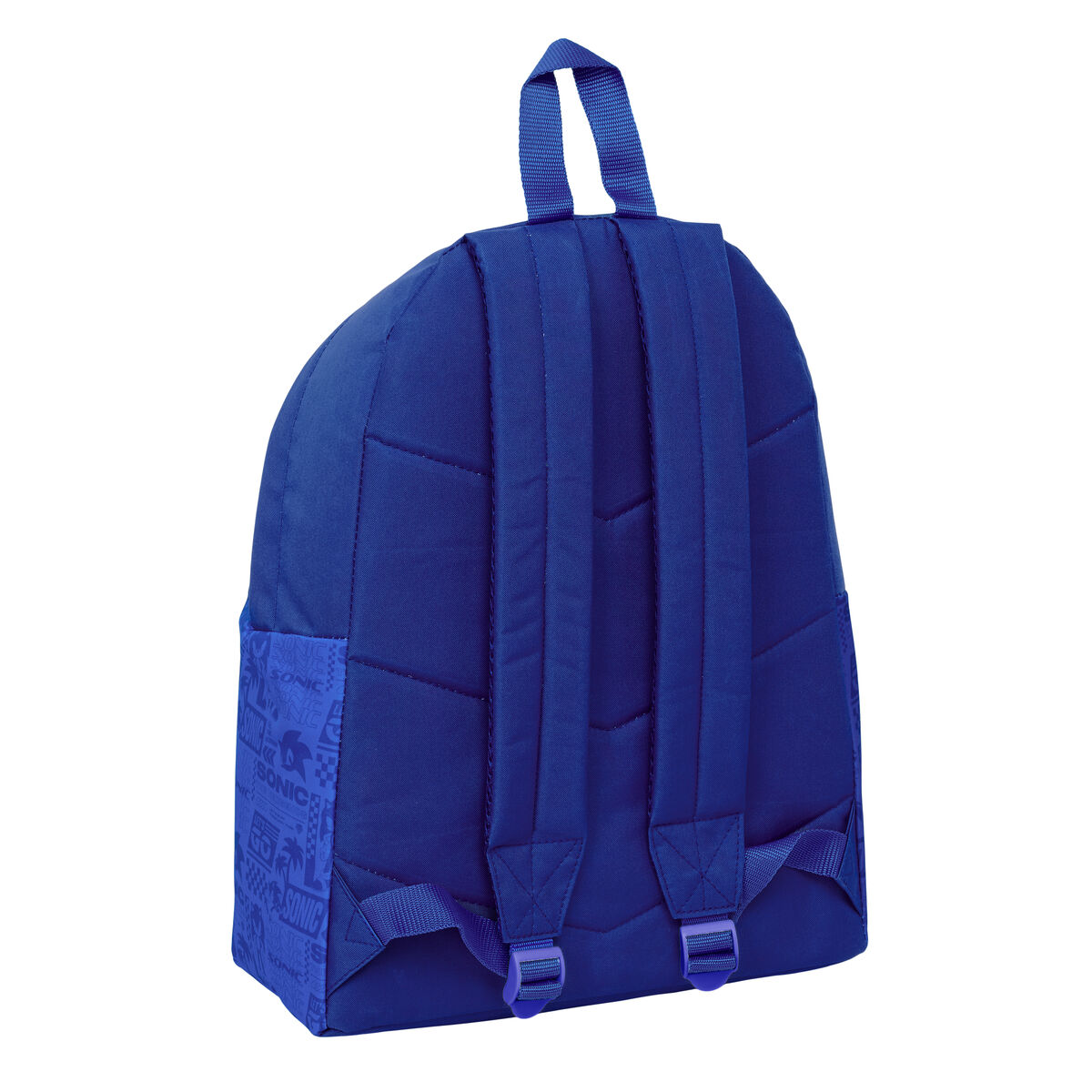 Ein blauer Rucksack mit Sonic-Motiv und gepolsterten Trägern.