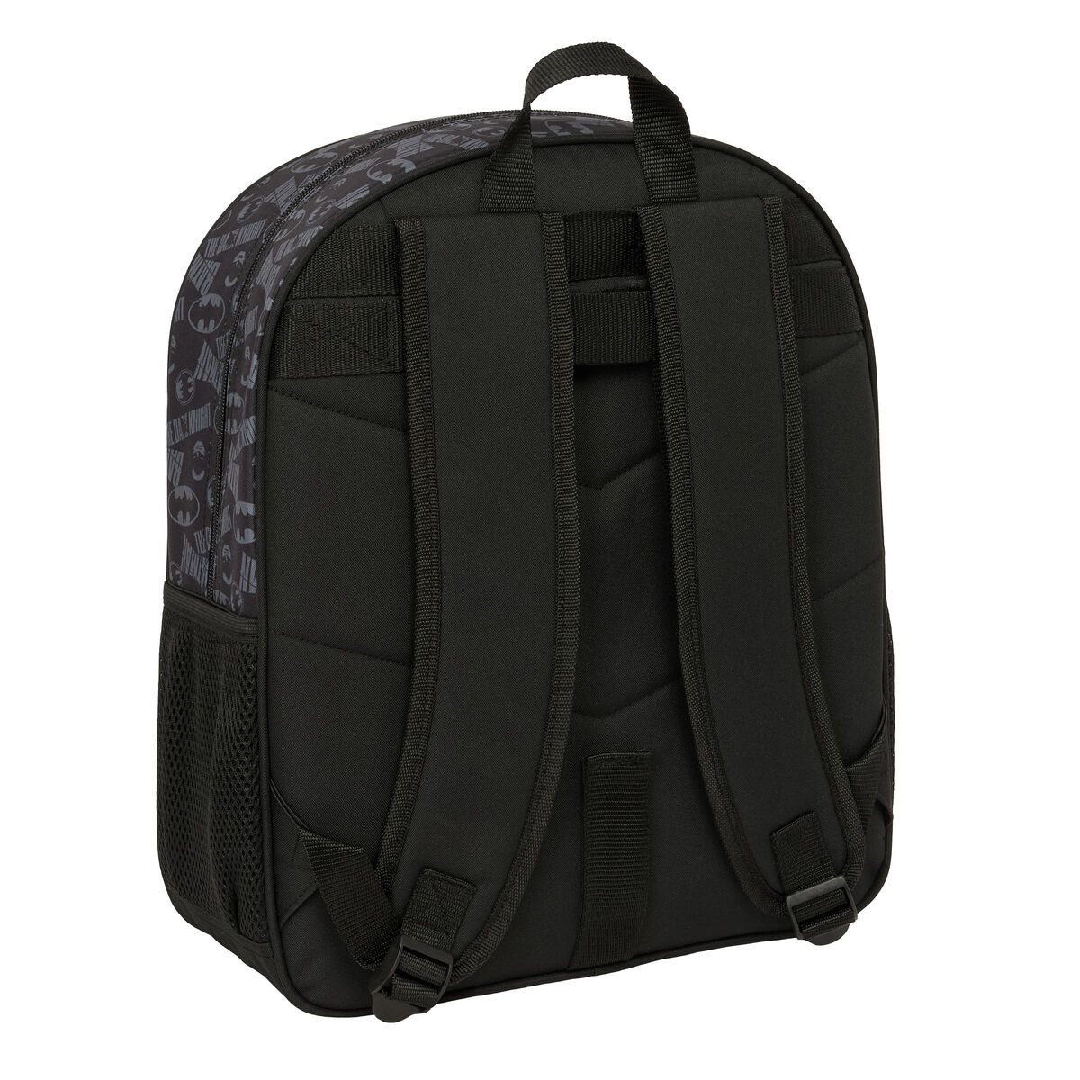 Schwarzer Rucksack mit Batman-Muster und Netztasche seitlich.