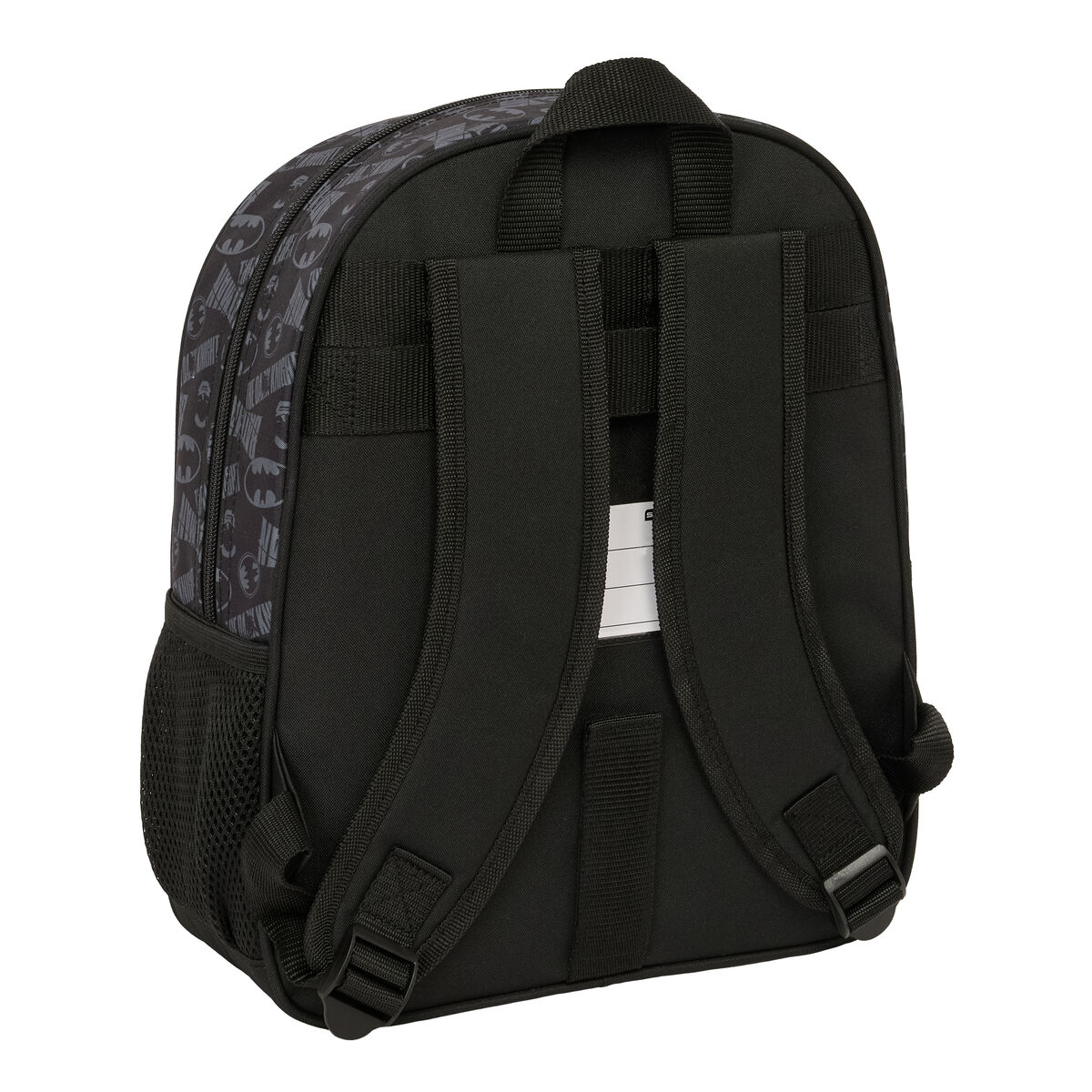 Schwarzer Rucksack mit Batman-Logo-Muster und seitlichem Netzfach.