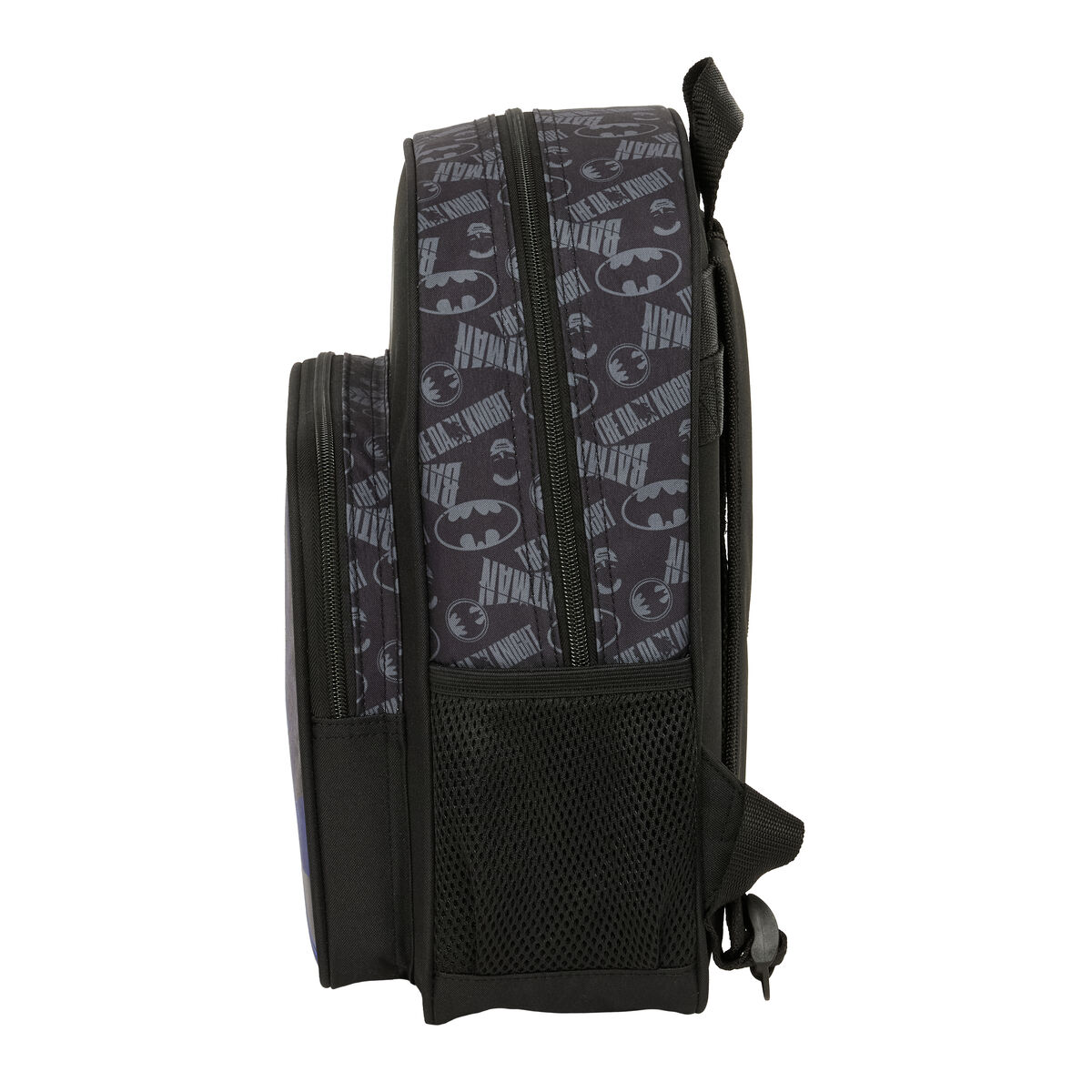 Dunkelgrauer Rucksack mit Batman-Muster und Netzfächern.