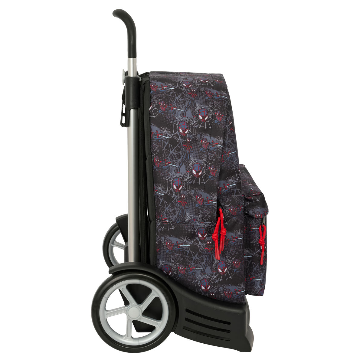 Schwarzer Rollkoffer mit Spiderman-Muster, silbernem Griff und Rädern.