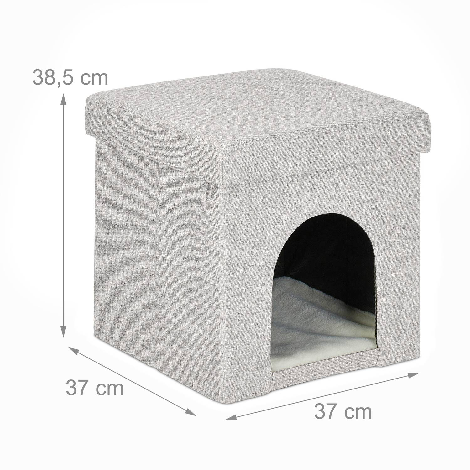 Cubo de tela gris, 38,5x37x37cm, con entrada y cojín suave.