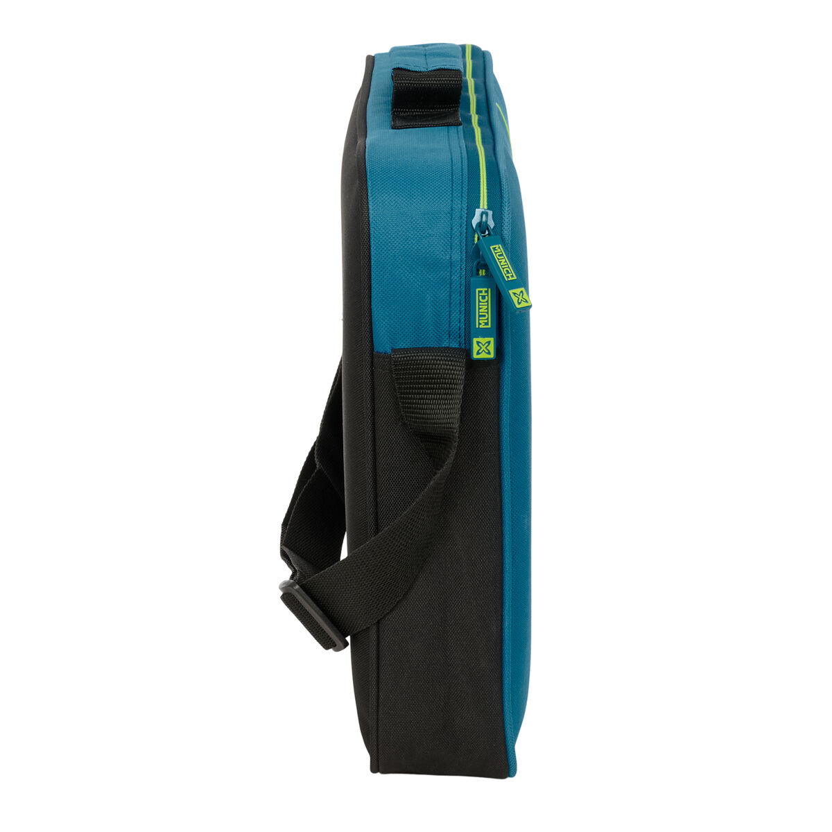 Eine dunkelblaue und schwarze Tasche mit einem Reißverschluss und einem Riemen.