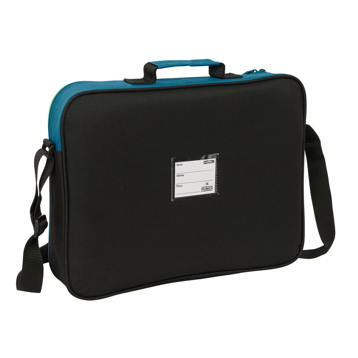 Schwarze Tasche mit blauem Rand, Tragegriffen und Schultergurt.
