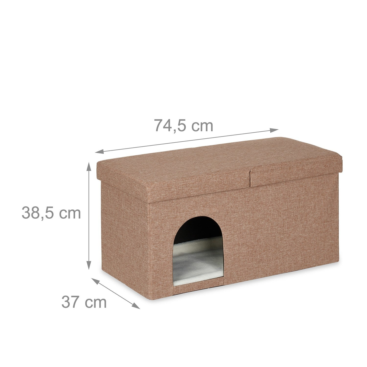 Casa para gatos marrón con entrada, medidas 74,5 x 38,5 x 37 cm.