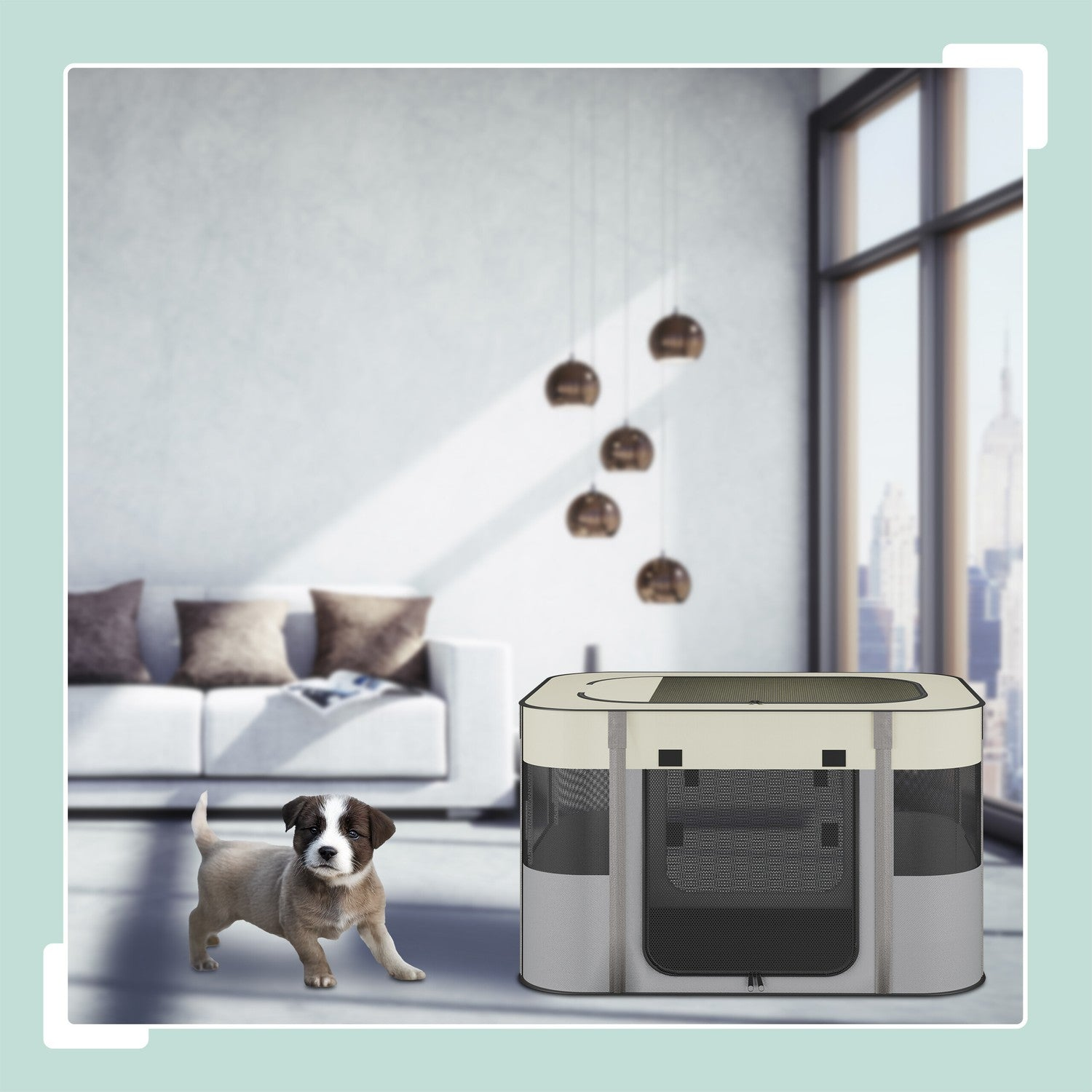 Un cachorro está junto a una jaula para mascotas gris y crema en una sala de estar moderna.