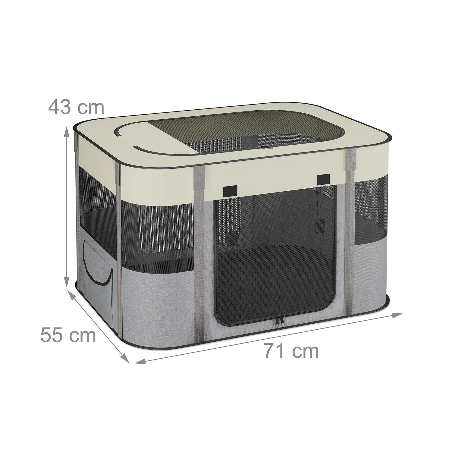 Una jaula rectangular para mascotas, beige y gris, con laterales de malla y puerta con cremallera.