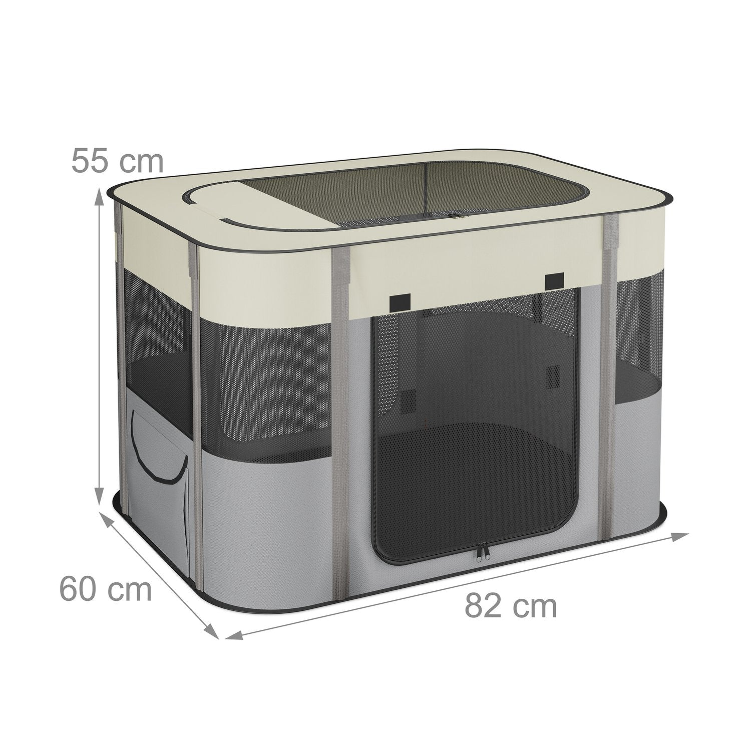 Parque para mascotas plegable en gris y beige, mide 82x60x55 cm.