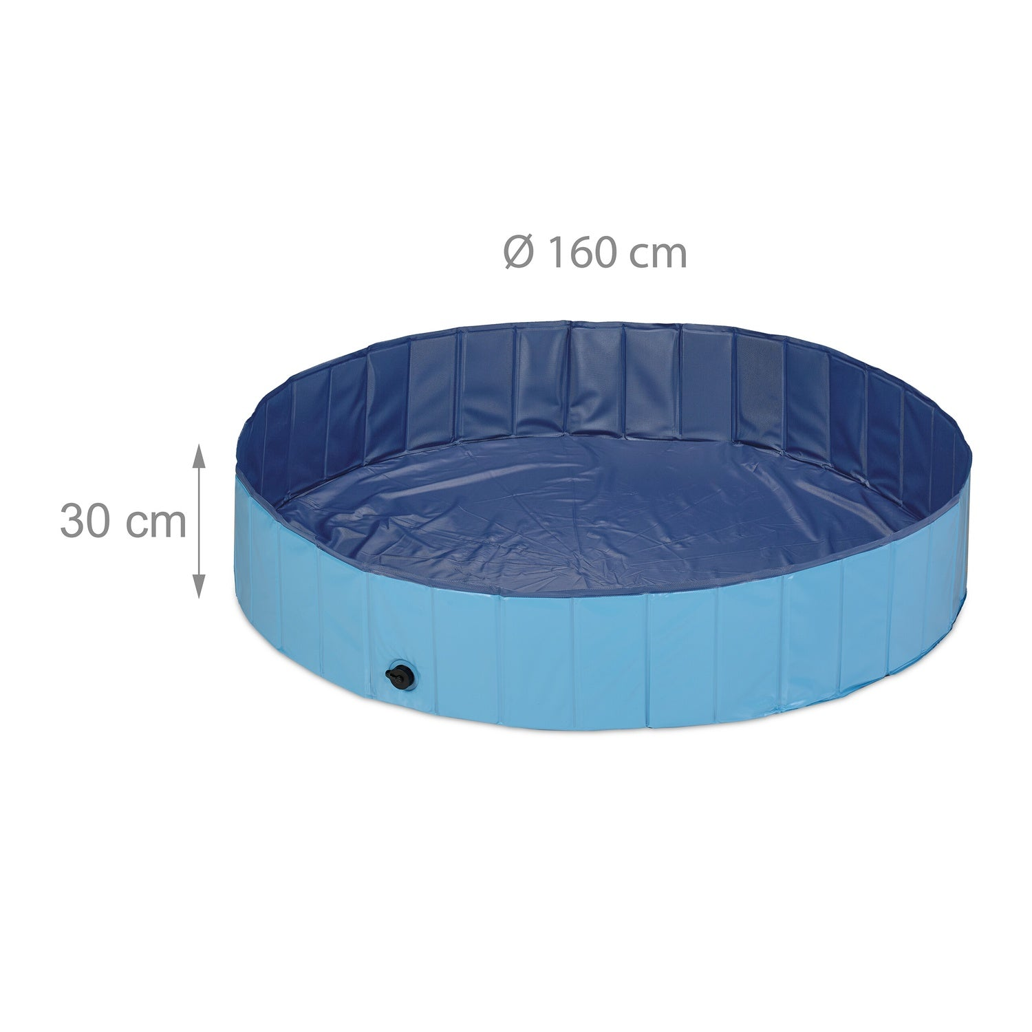 Una piscina infantil plegable azul claro con fondo azul oscuro. Dimensiones: 160cm diámetro, 30cm altura.