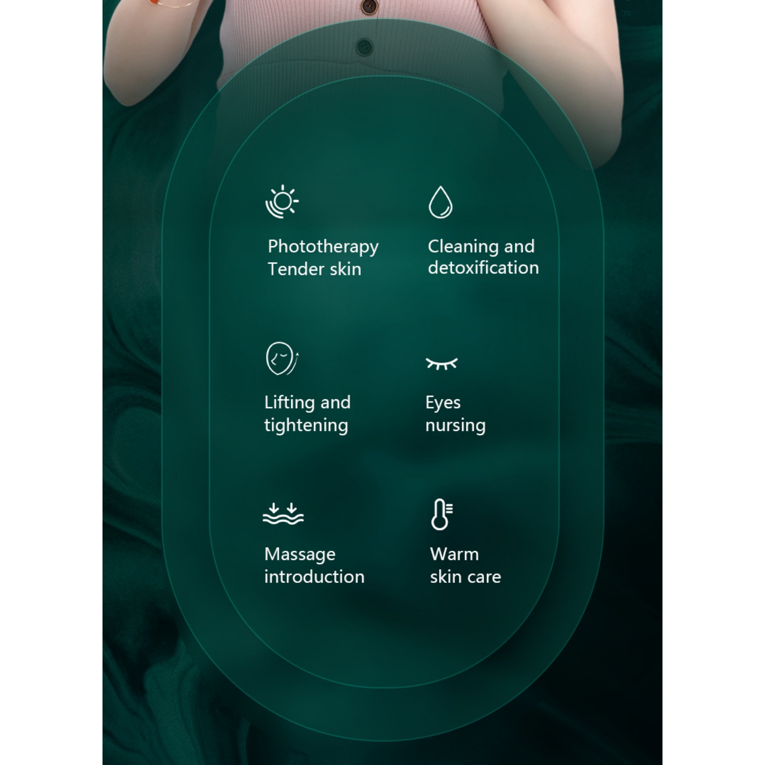 Symbole für Hautpflege: Phototherapie, Reinigung, Lifting, Augenpflege, Massage, warme Hautpflege.