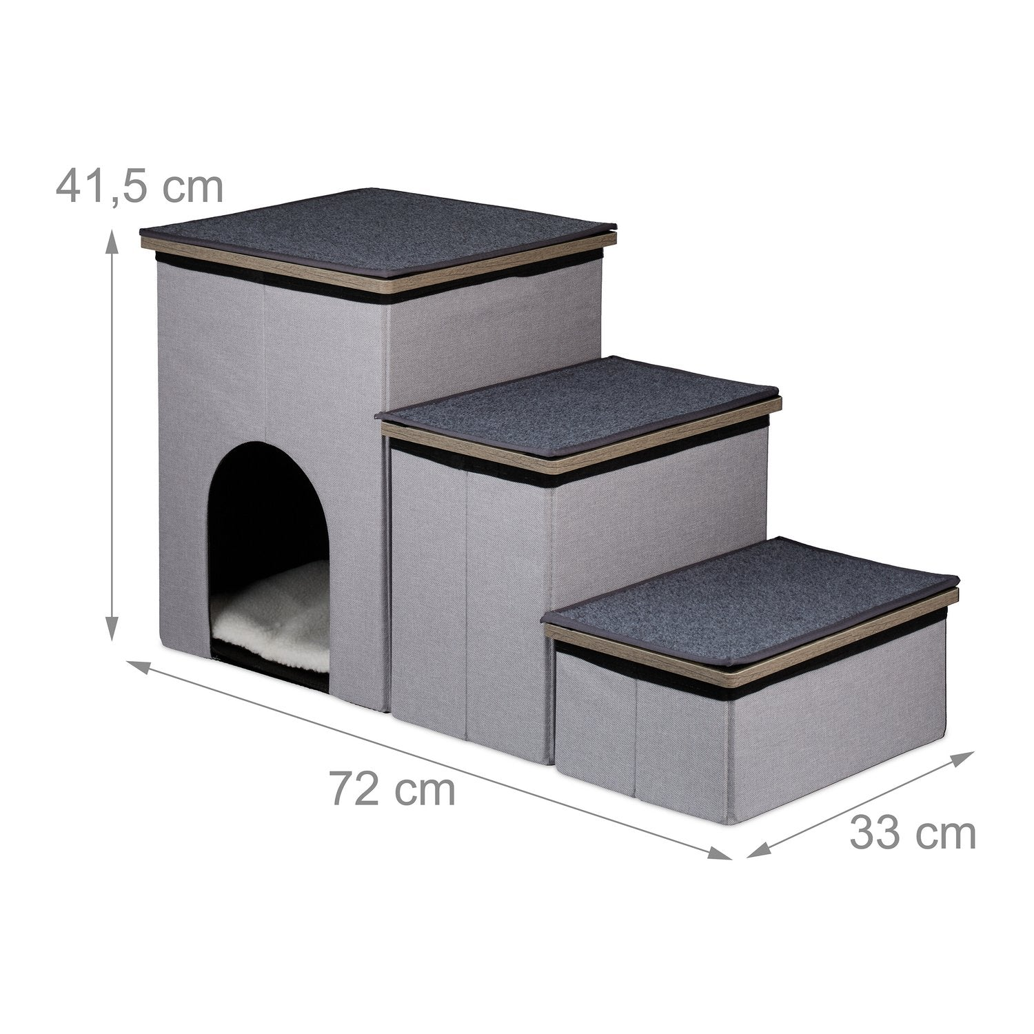 Escaleras grises para gatos con dos peldaños, una guarida y cojín.