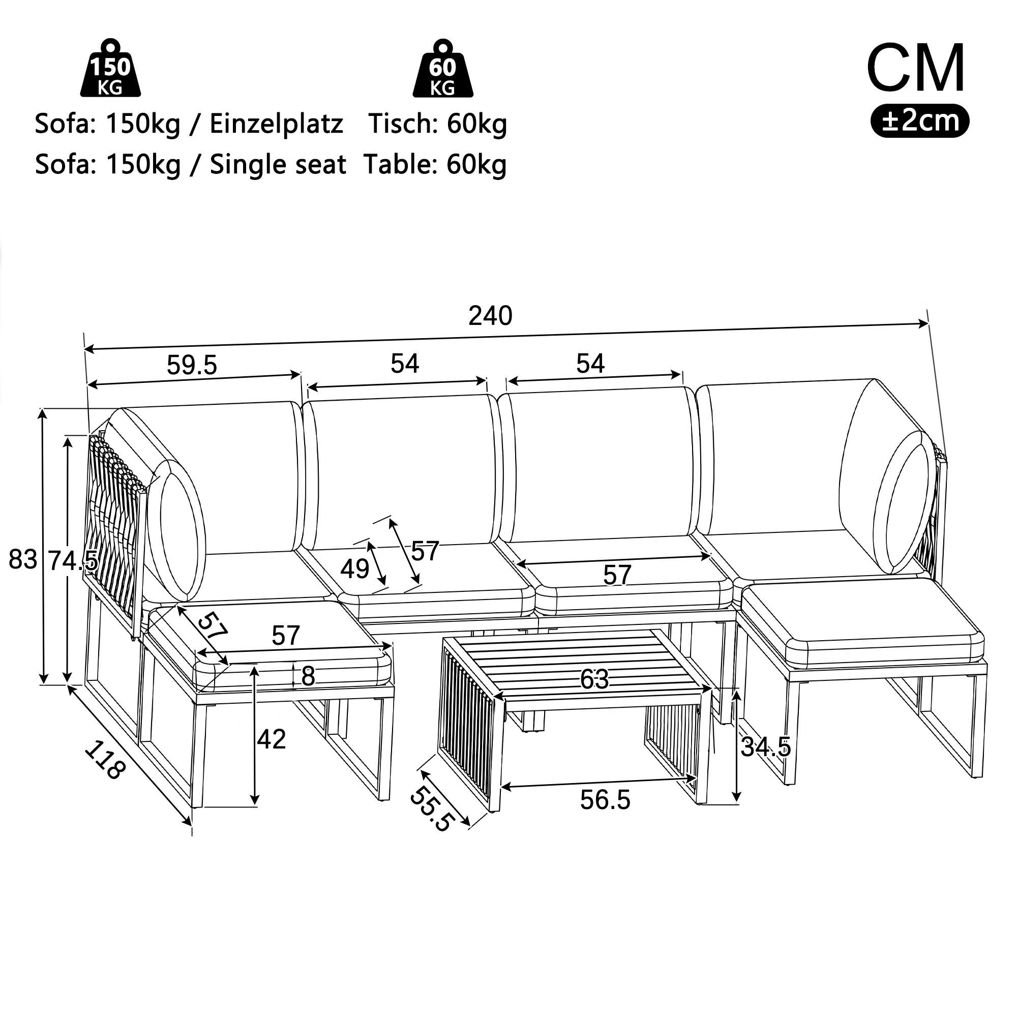 Technische Zeichnung einer modularen Couch mit Tisch, Maße in cm.