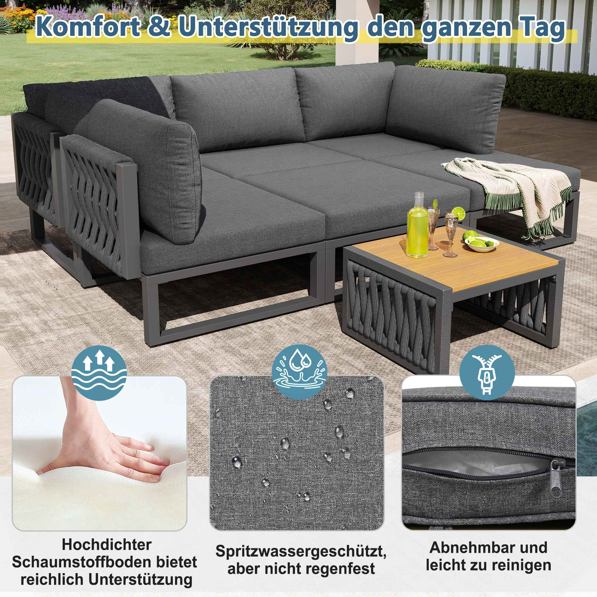 Ein graues Lounge-Set mit Tisch im Garten. Details zu Schaum, Wasserbeständigkeit & Reinigung.