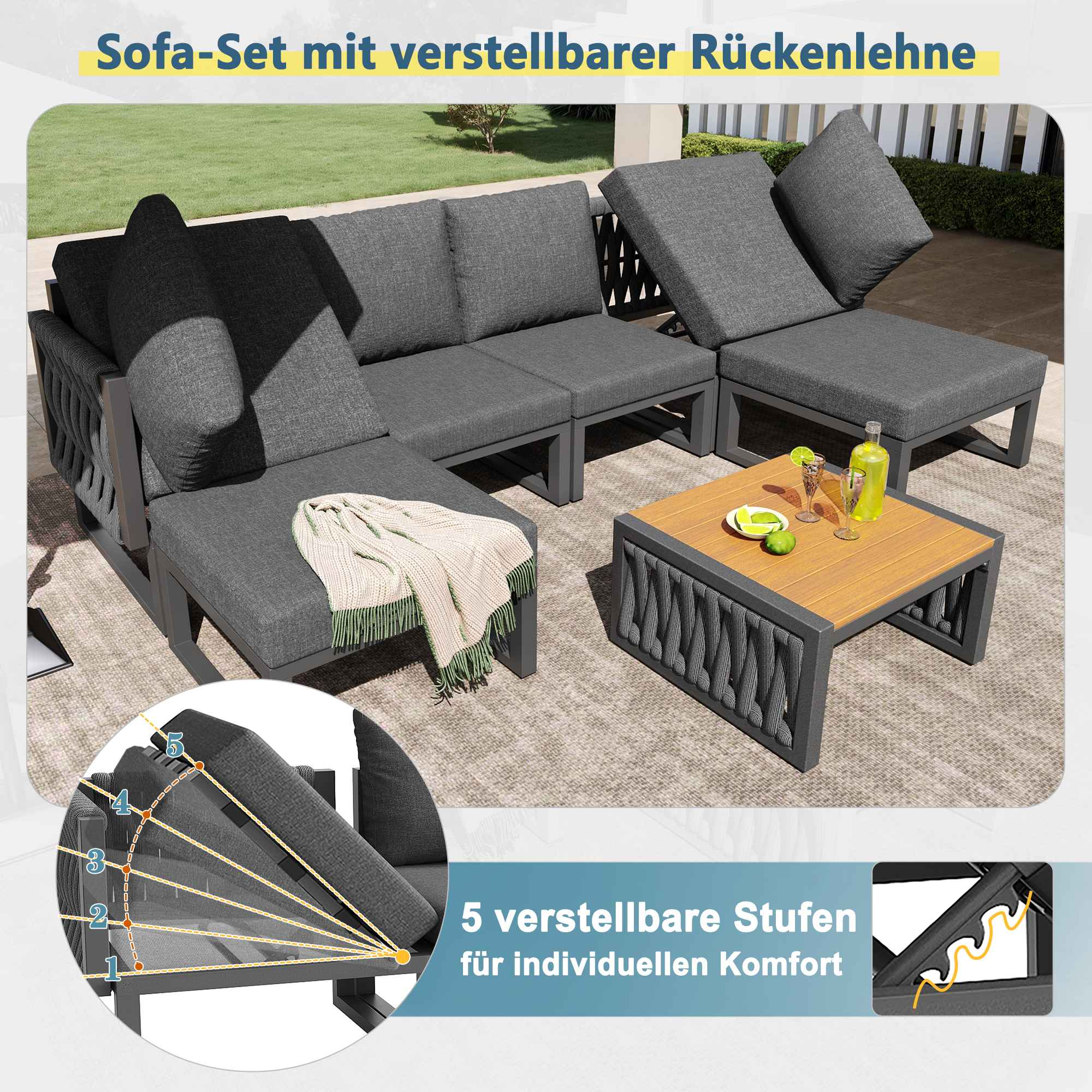 Graues Sofa-Set mit verstellbaren Lehnen und einem Holztisch mit Getränken.