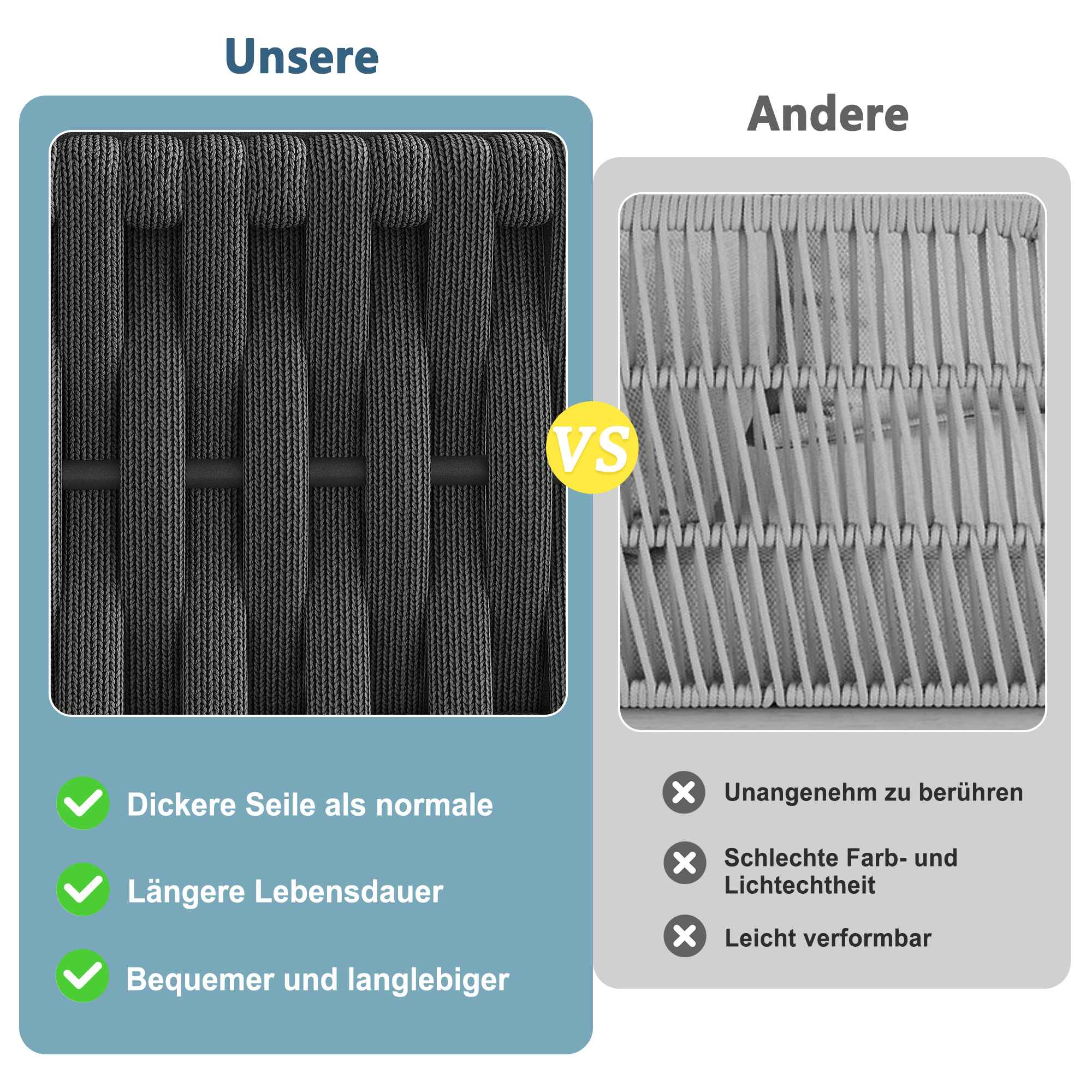 Vergleich von Seilen: Unsere dickeren, langlebigen Seile vs. andere.
