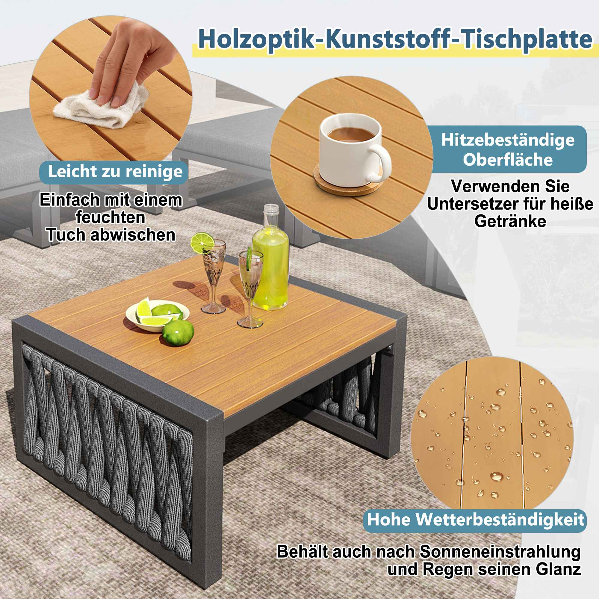 Holzoptik Tischplatte mit Getränken, leicht zu reinigen und wetterbeständig.