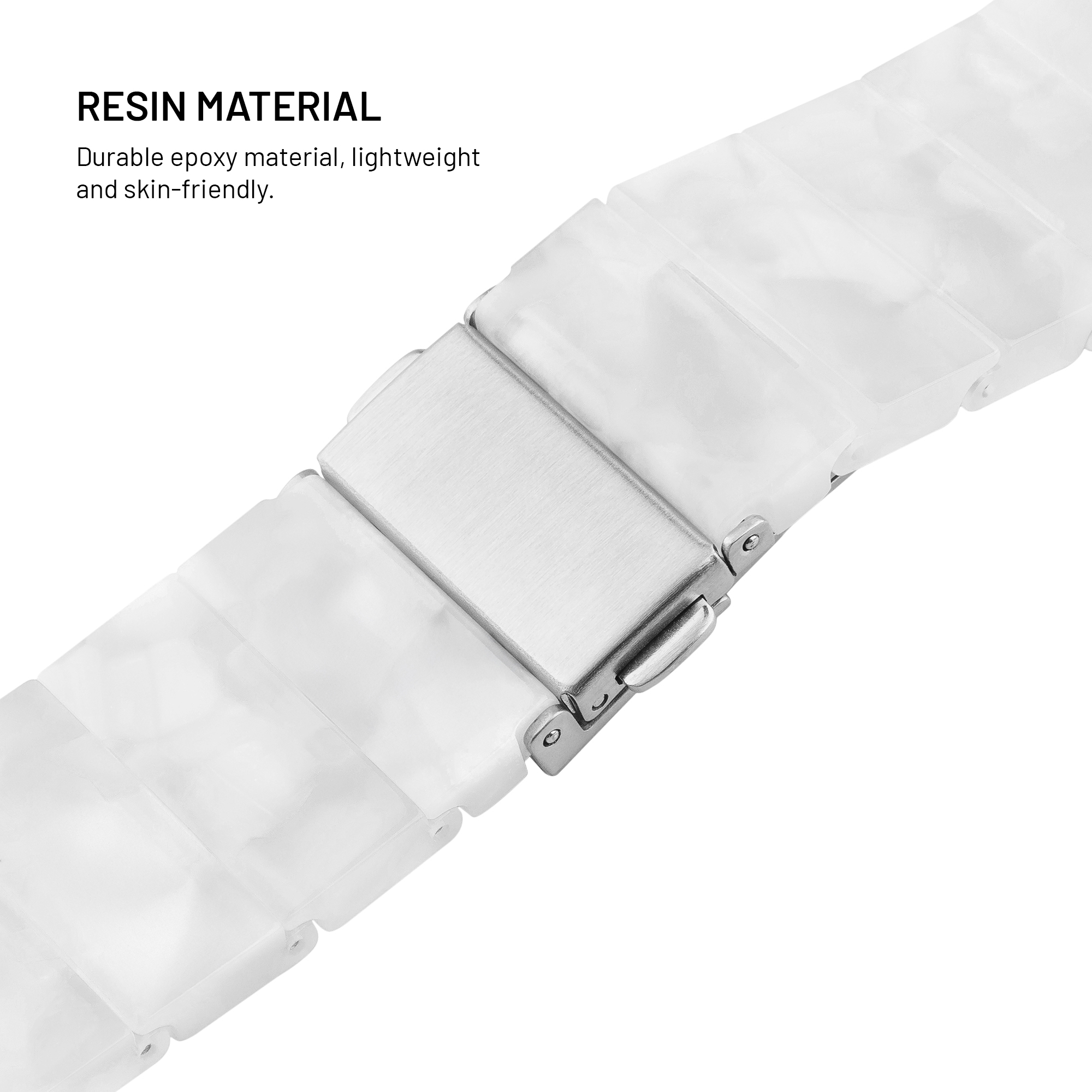 Ein Teil eines weißen Resin-Armbands mit Metallschnalle.