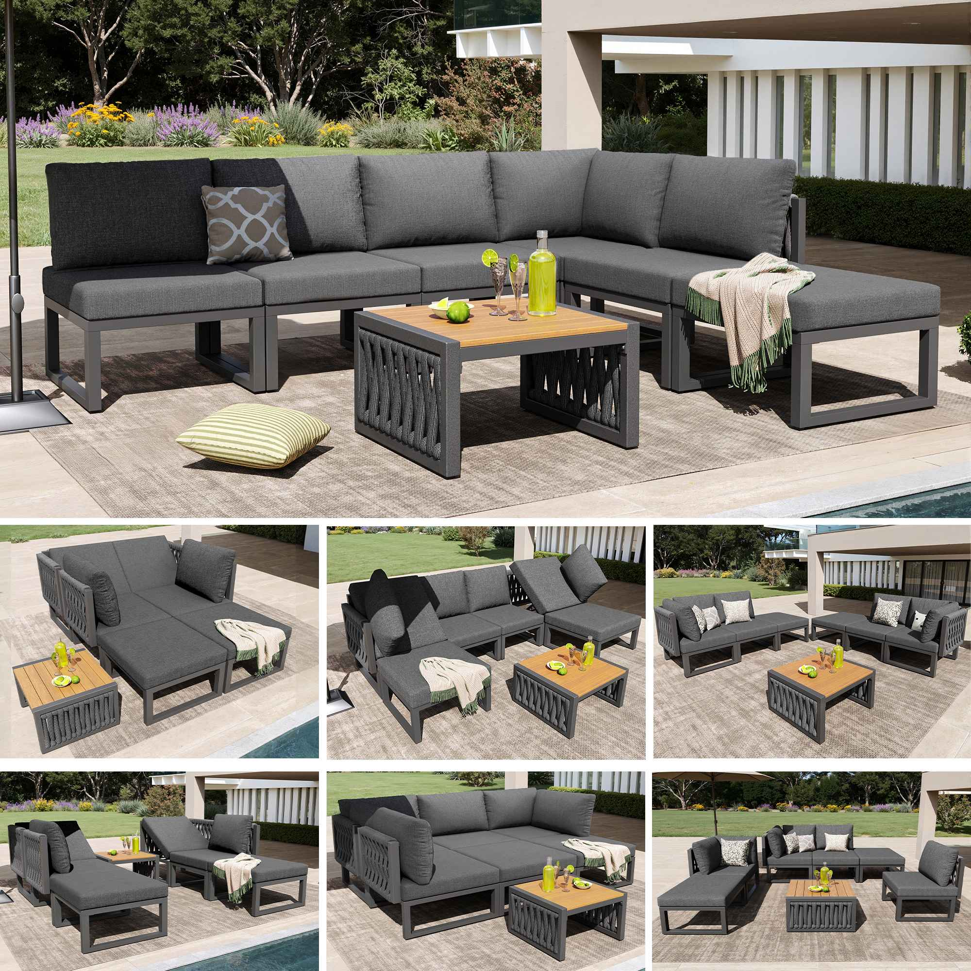 Graues Gartensofa mit Kaffeetisch auf einer Terrasse.