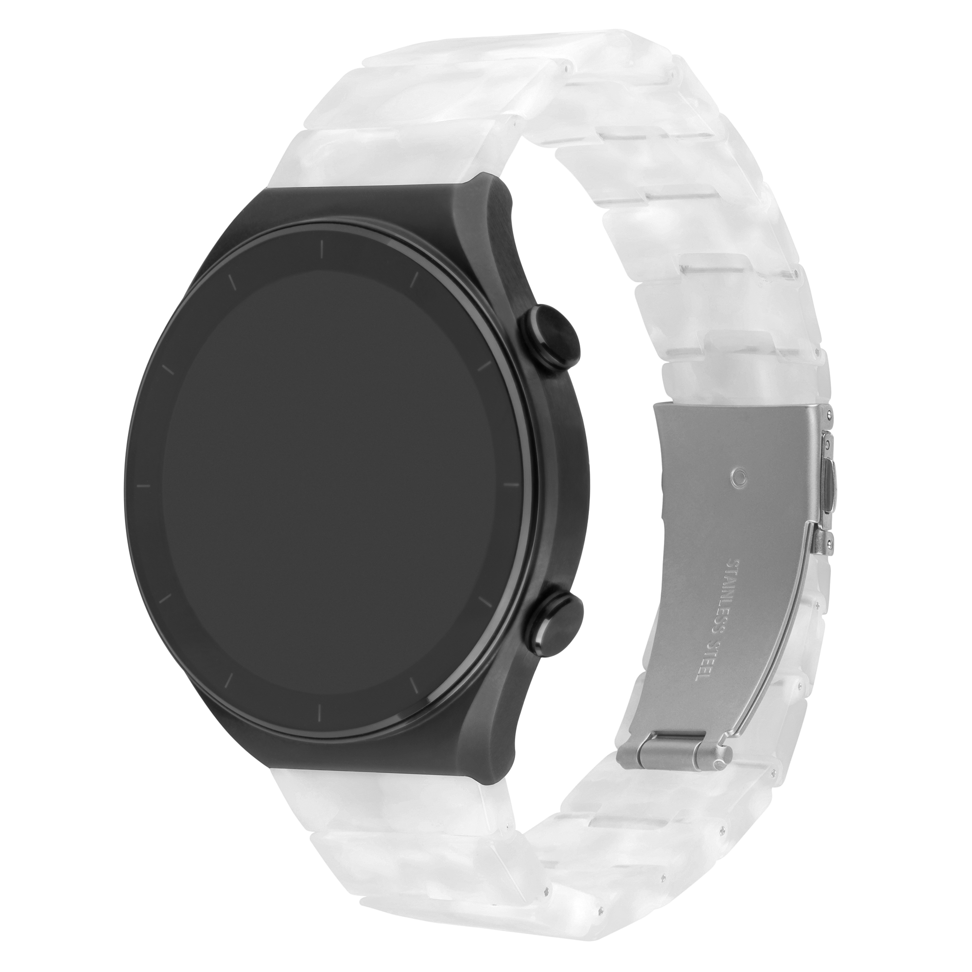 Eine schwarze Smartwatch mit einem transparenten Armband und Edelstahlschließe.