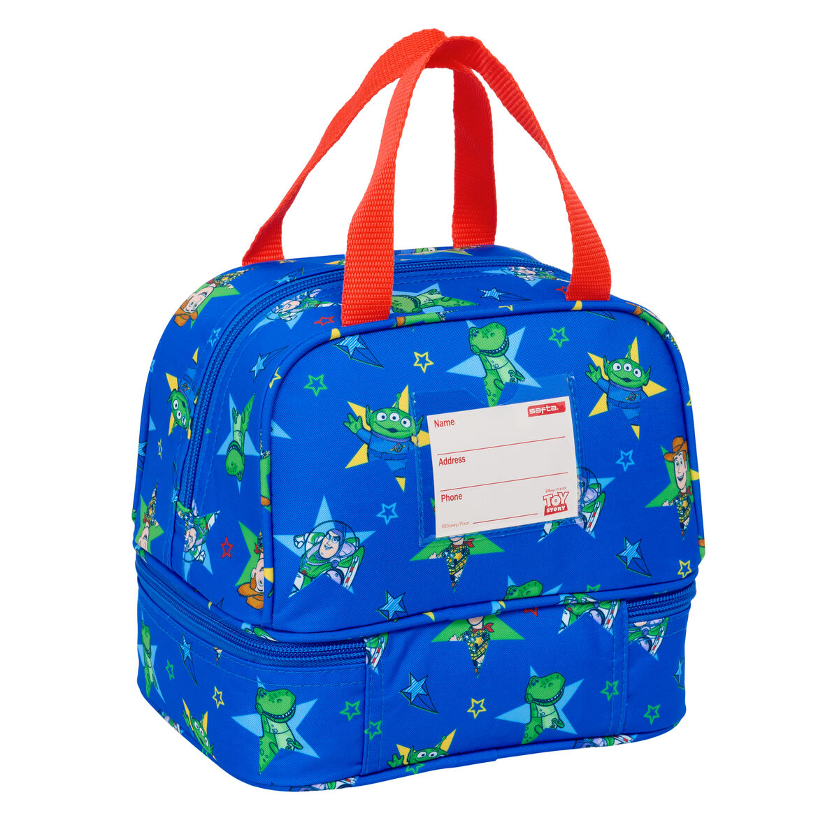 Bolso azul con personajes y estrellas de Toy Story, dos compartimentos.