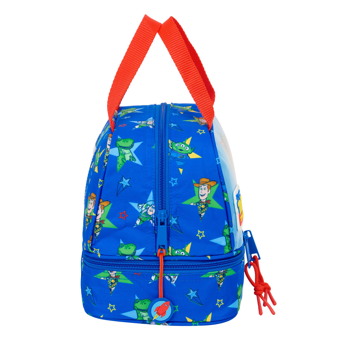 Mochila azul con personajes de Toy Story: Rex, Woody y Alien.