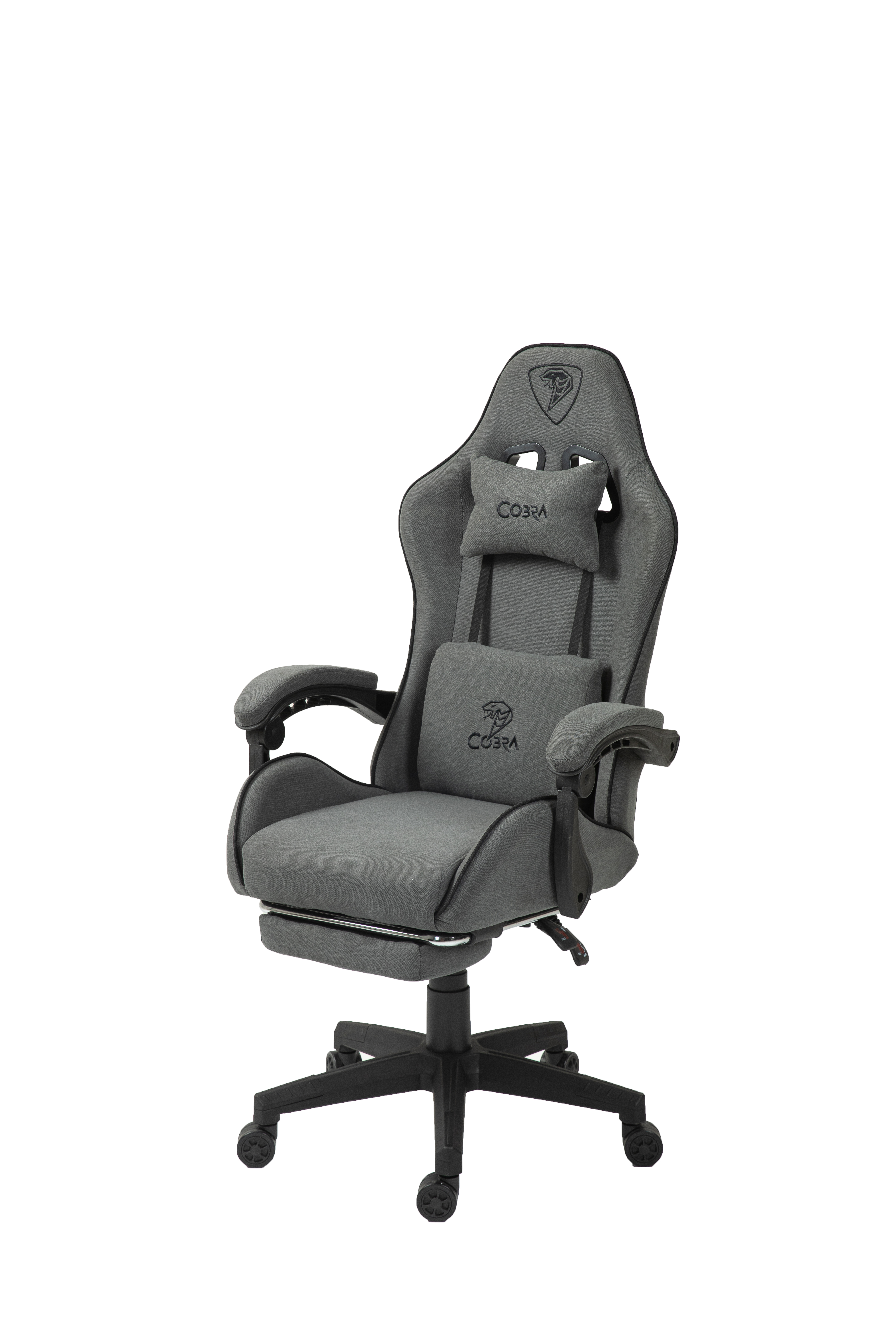 Szare krzesło gamingowe z logo Cobra, regulowanym zagłówkiem i poduszką lędźwiową.