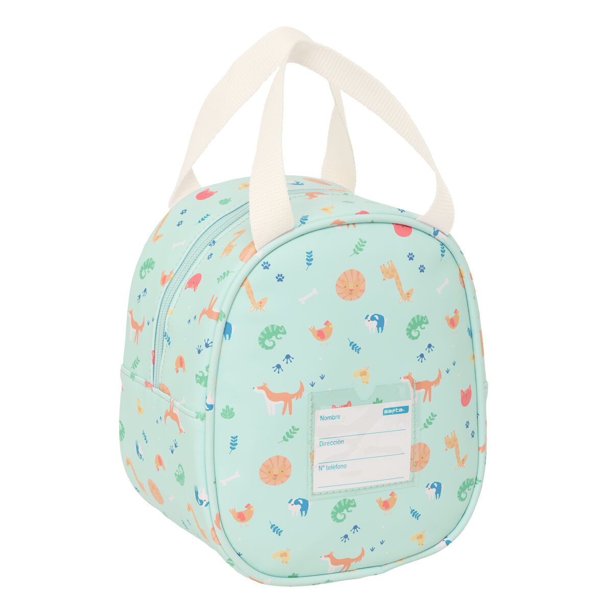 Hellblaue Tasche mit Tiermotiv: Giraffen, Löwen, Hühner, Füchse, Eidechsen.