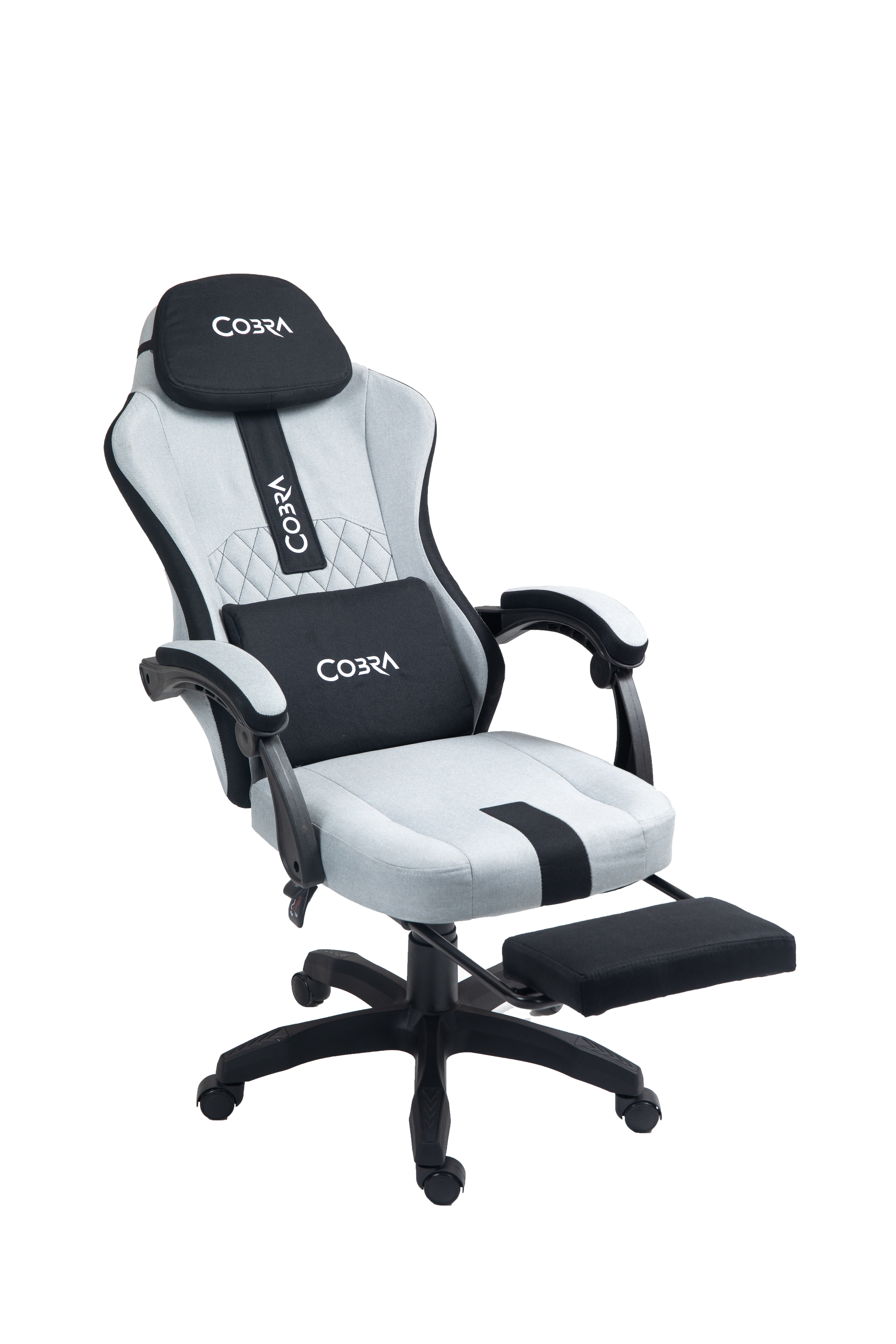 Szare krzesło gamingowe z czarnym podnóżkiem i zagłówkiem.