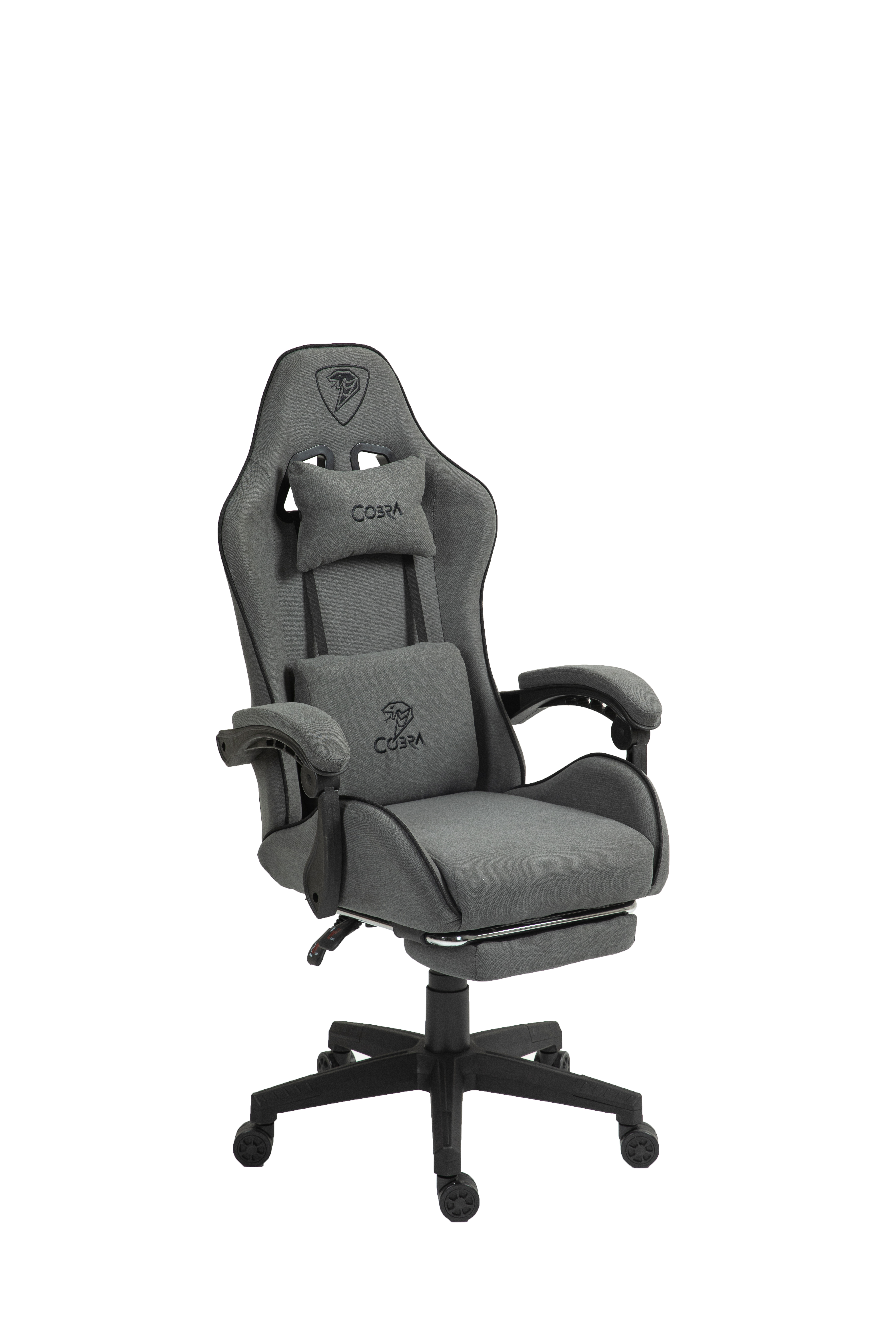 Szare krzesło gamingowe z logo Cobra i regulowanym podnóżkiem.