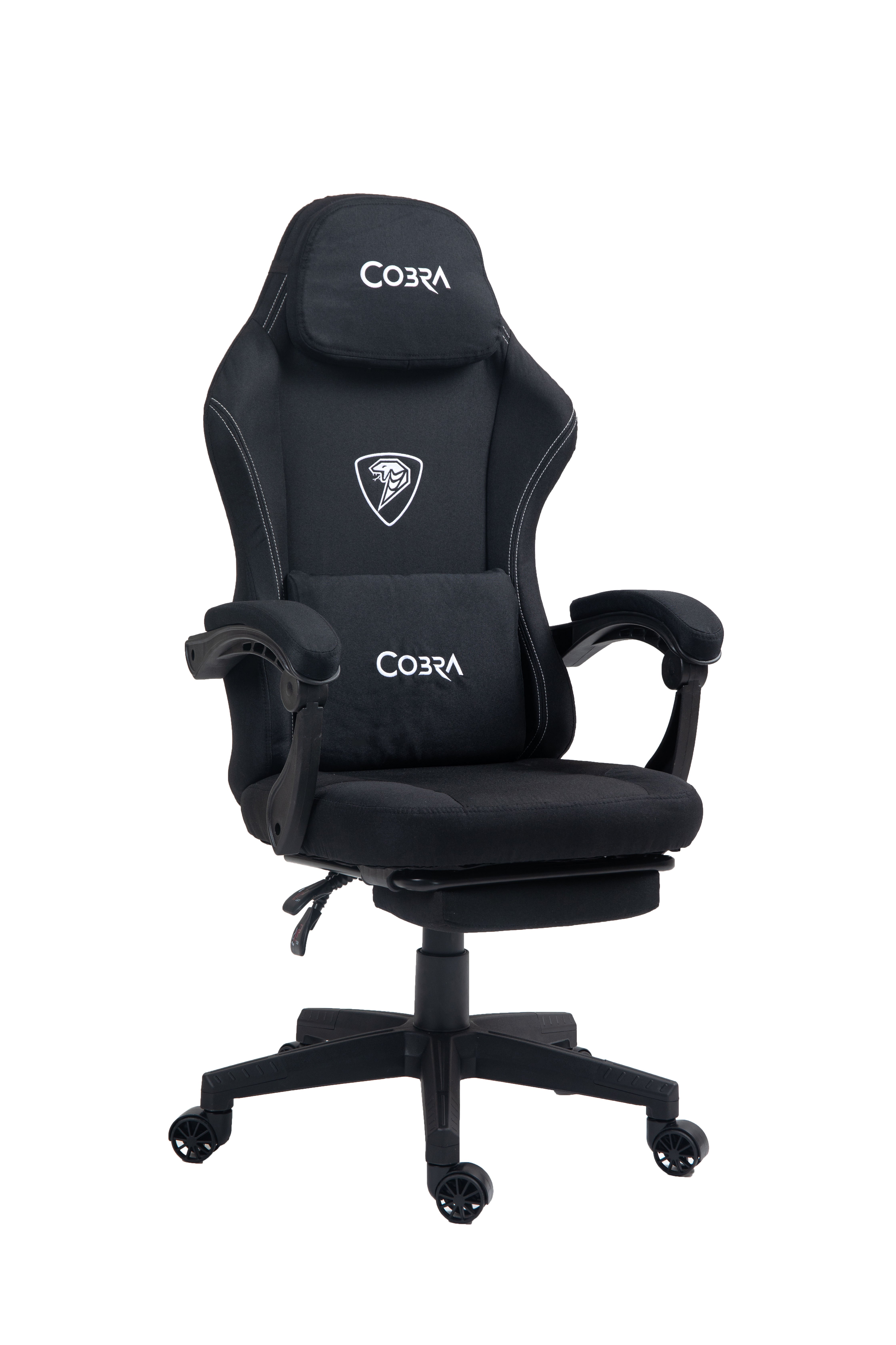 Czarny fotel gamingowy z zagłówkiem i poduszką lędźwiową. Logo COBRA.