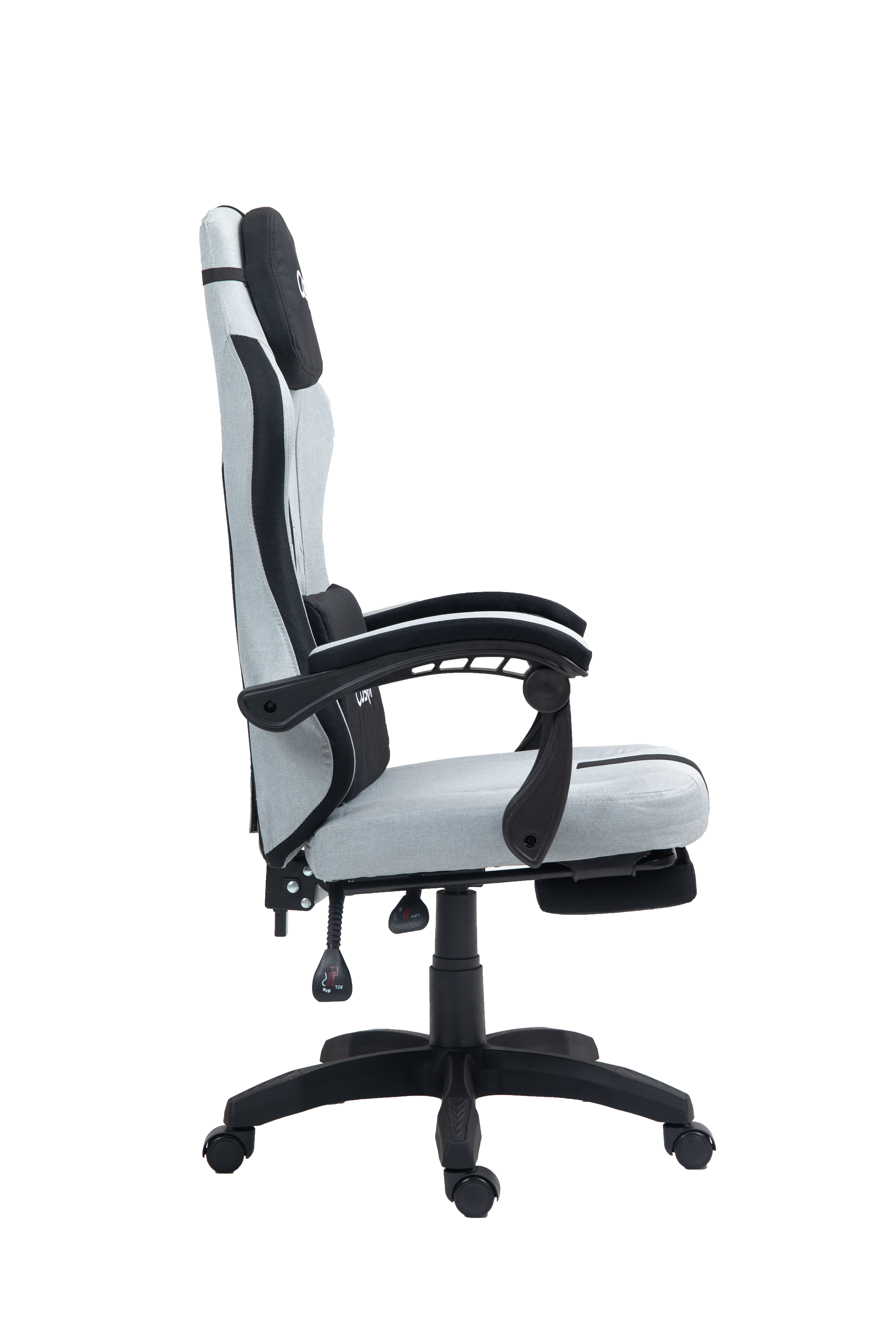 Szare krzesło gamingowe z czarnymi akcentami i regulowanymi podłokietnikami.