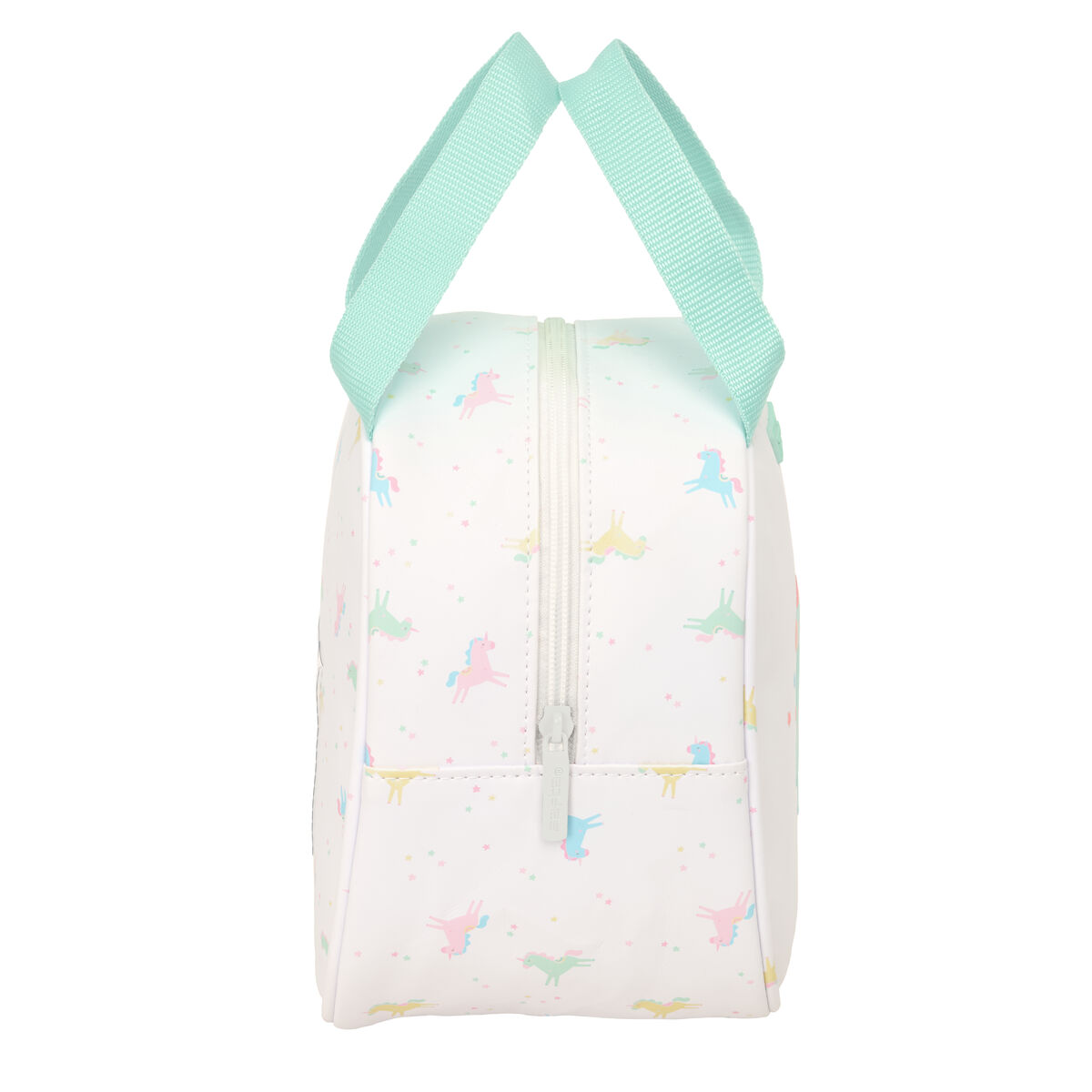 Eine weiße Tasche mit bunten Einhorn- und Sternenmustern und mintgrünen Henkeln.