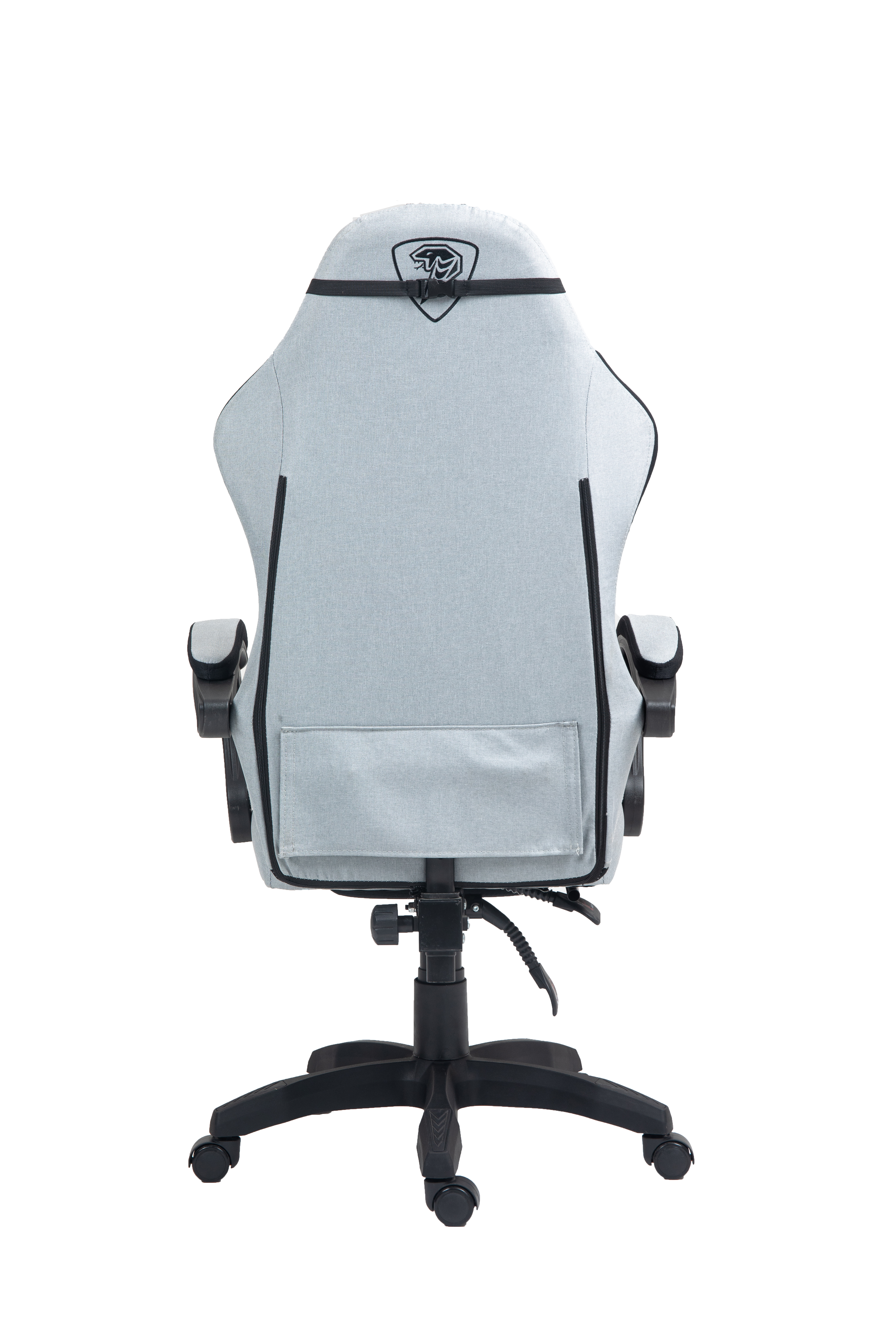 Widok z tyłu jasnoszarej fotela gamingowego z czarnym logo i kółkami.