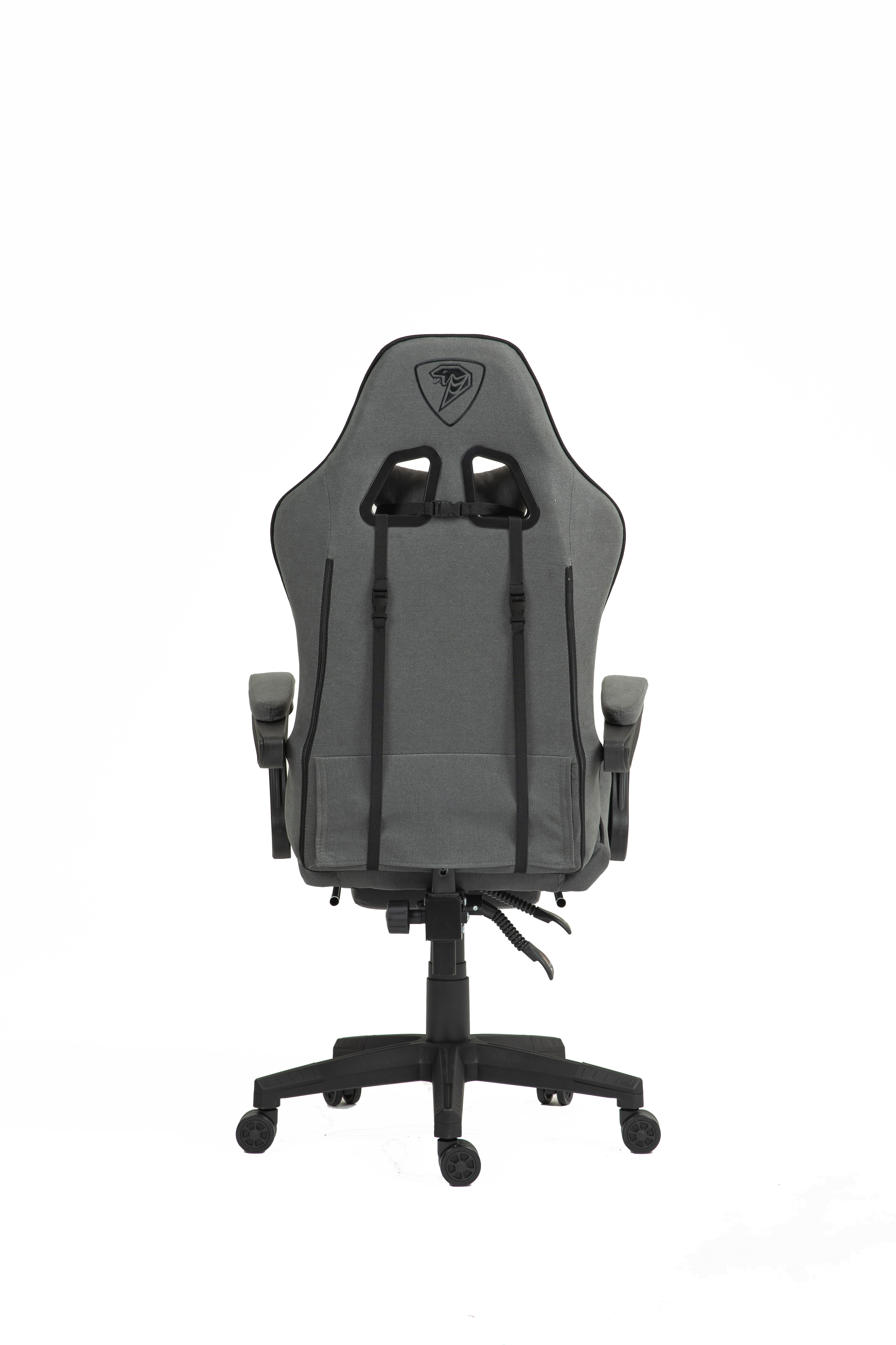 Szare krzesło gamingowe widziane od tyłu, z czarnymi akcentami i logo gwiazdy.