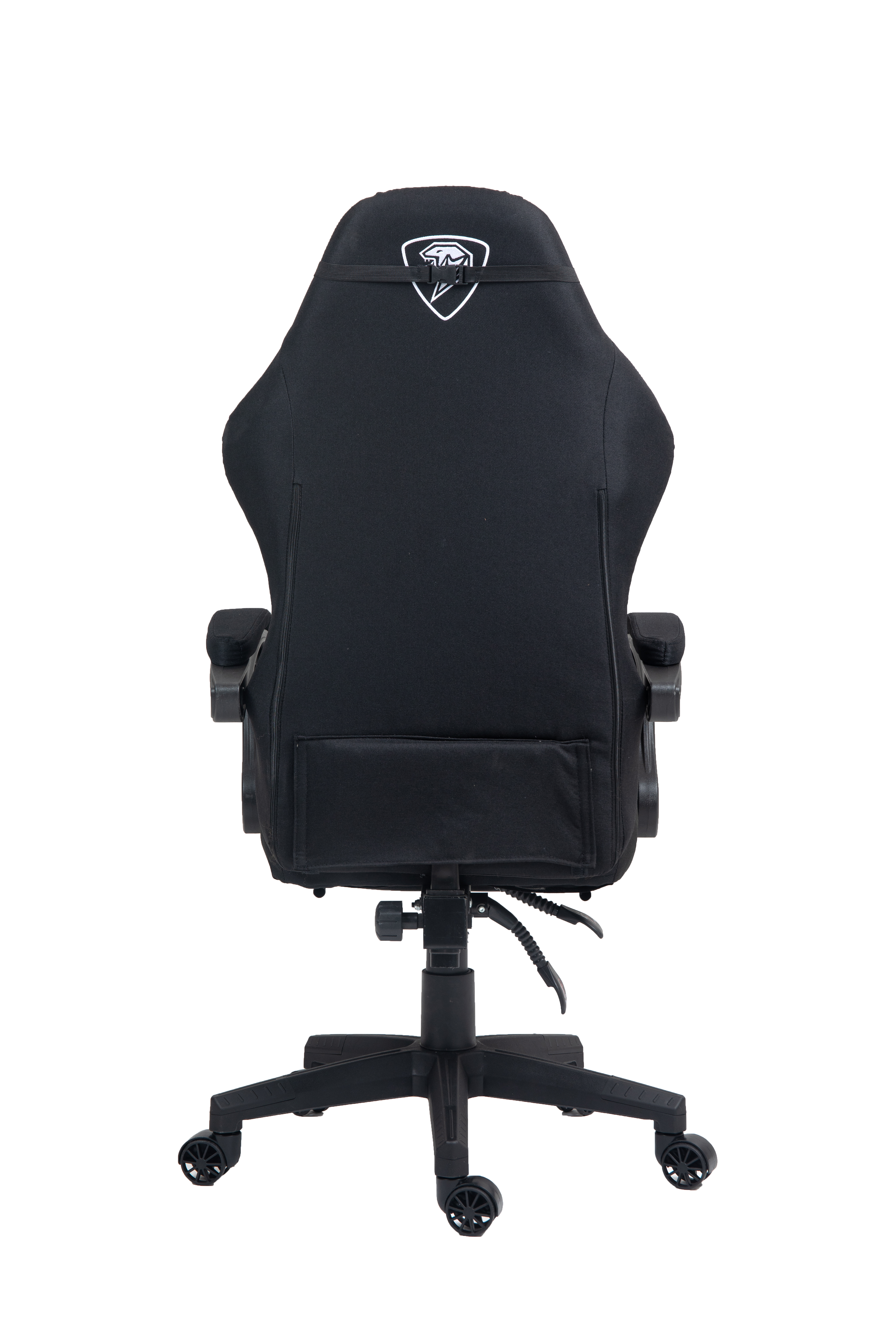Czarny fotel gamingowy, widziany od tyłu, z logo na górze i podstawą na kółkach.