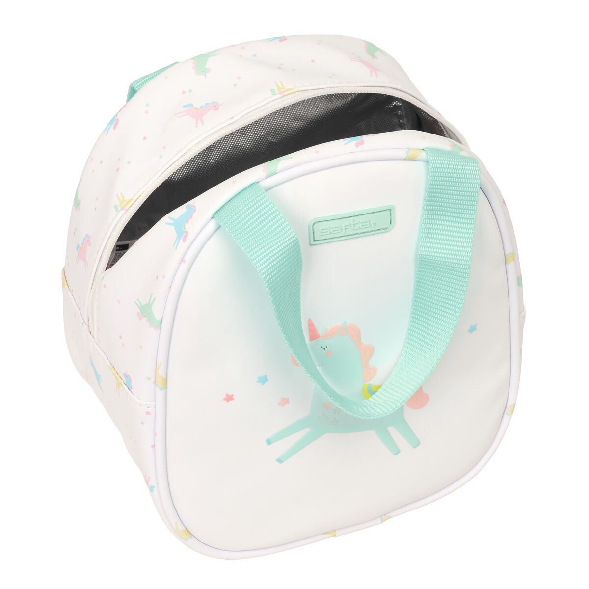 Weiße Tasche mit Einhorn-Aufdruck und türkisfarbenen Griffen.