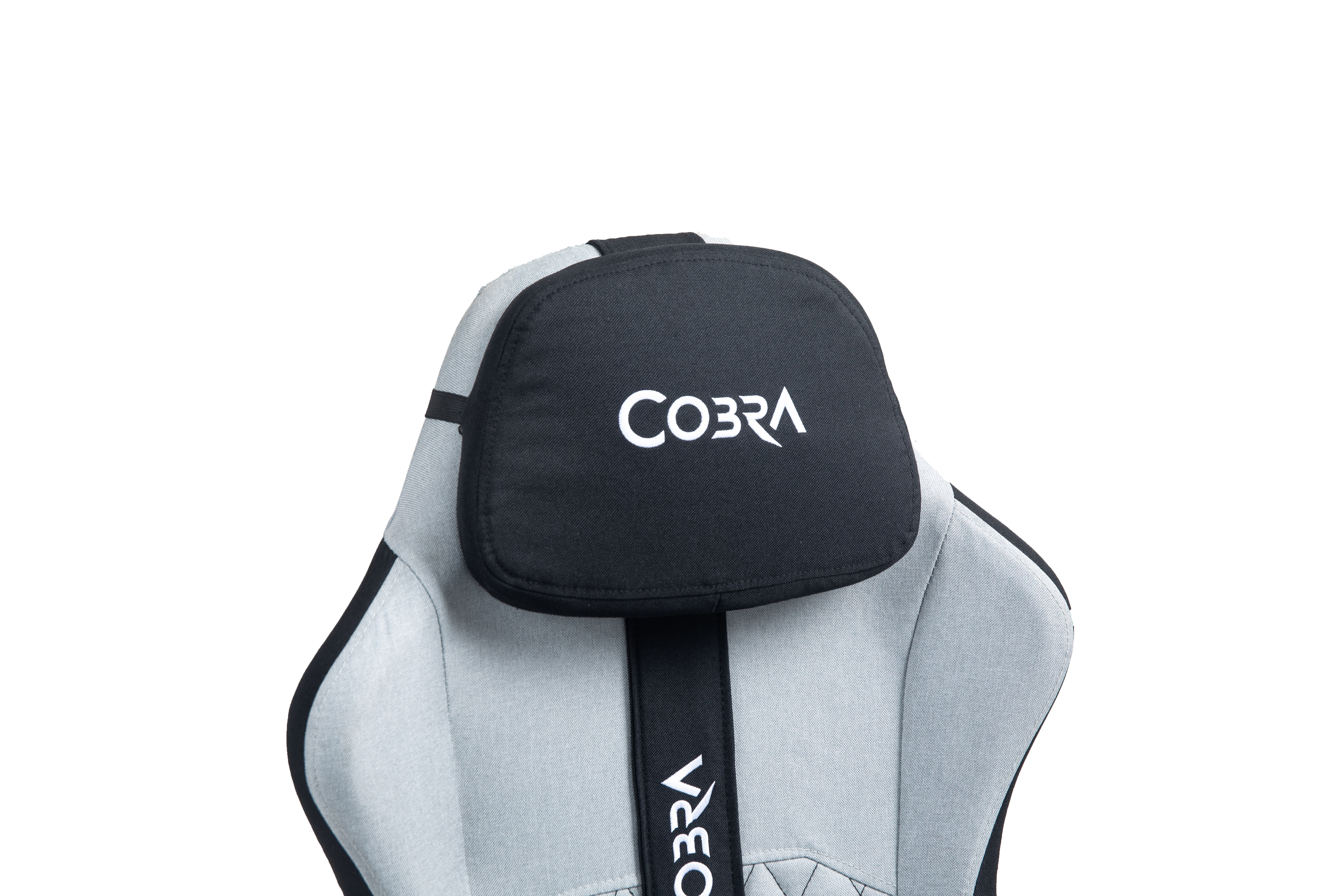 Szare krzesło gamingowe z czarnym zagłówkiem i logo COBRA.