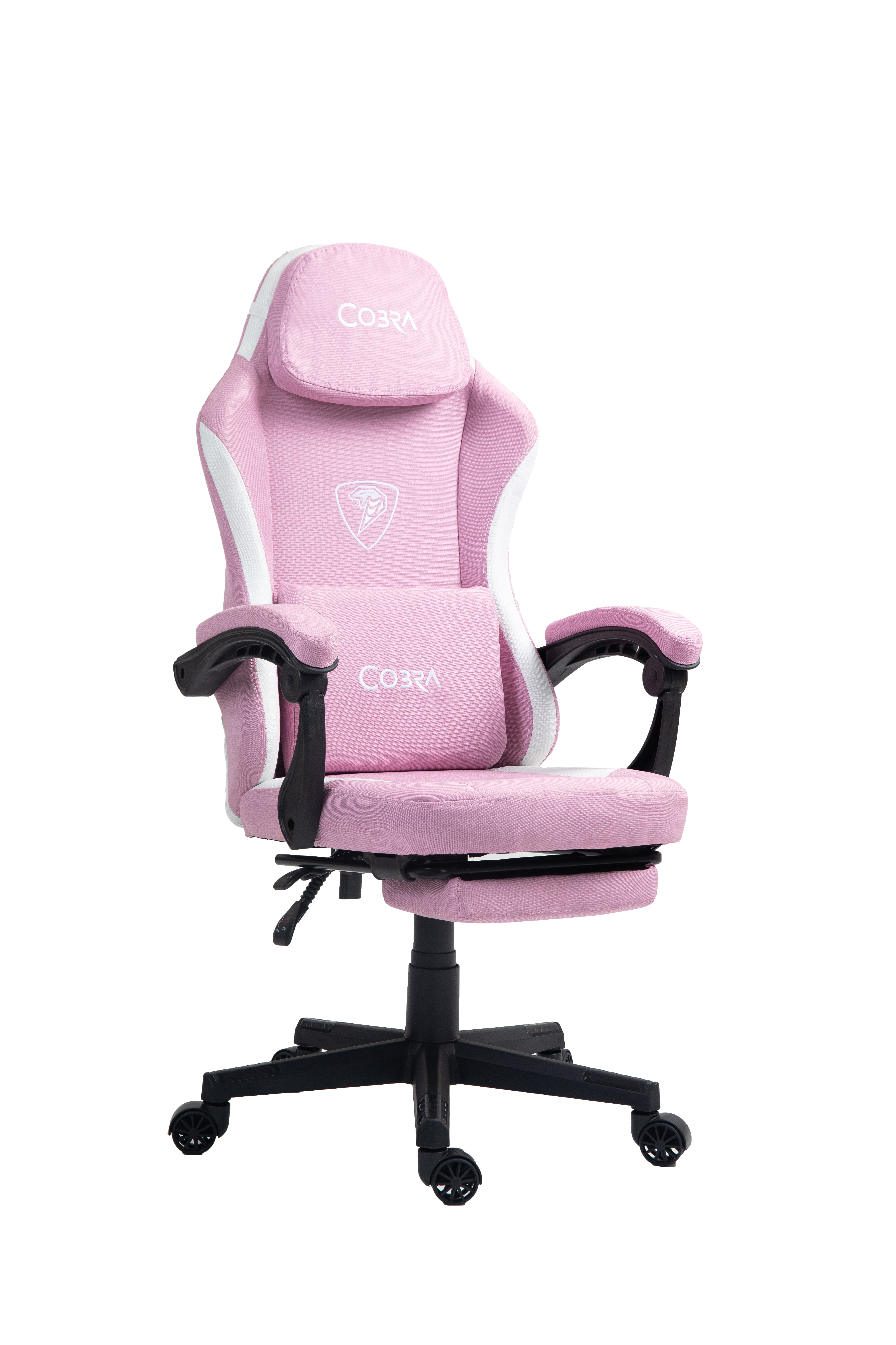Różowe krzesło gamingowe z białymi akcentami i wysuwanym podnóżkiem.