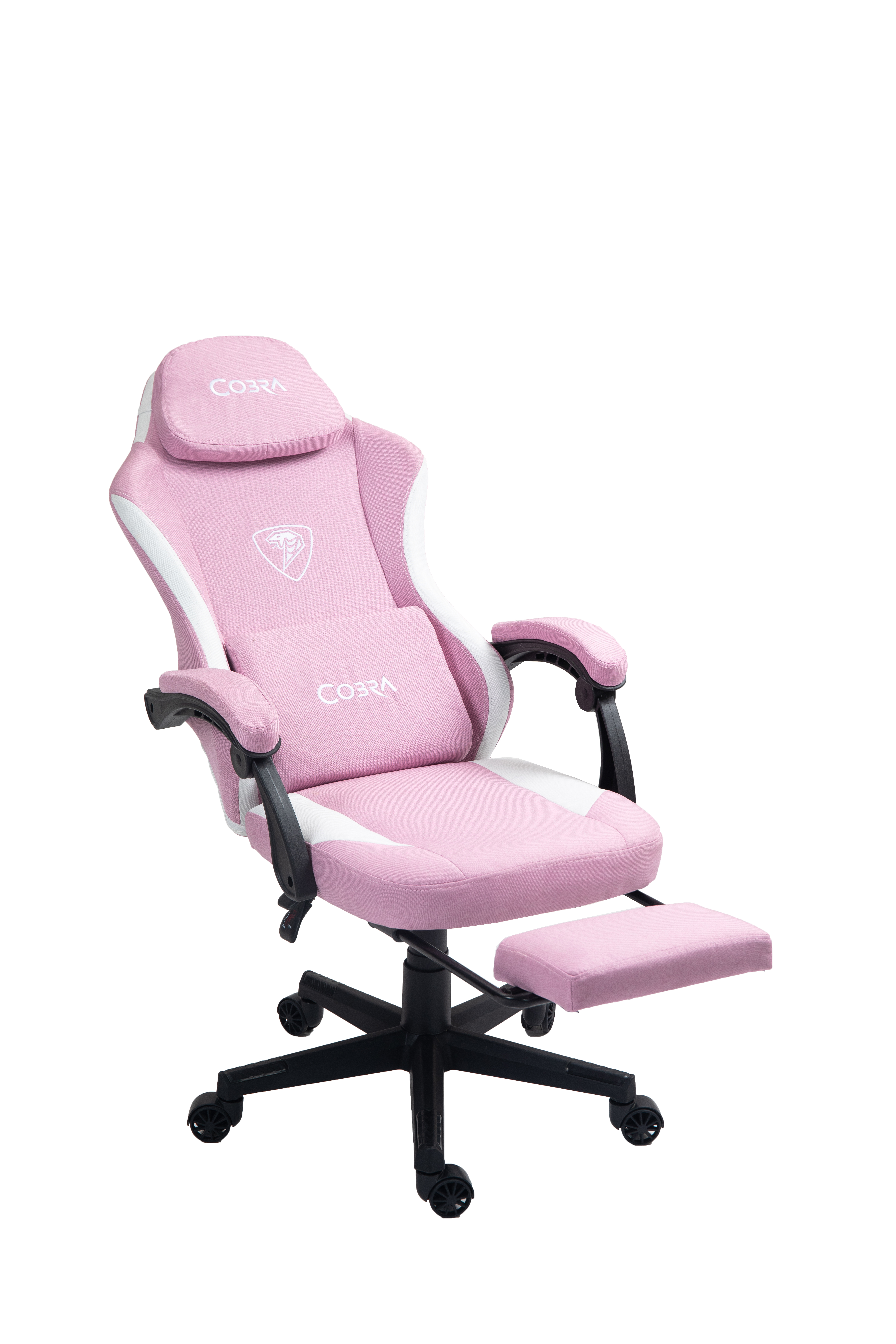 Różowe krzesło gamingowe z zagłówkiem, poduszką lędźwiową i wysuwanym podnóżkiem.