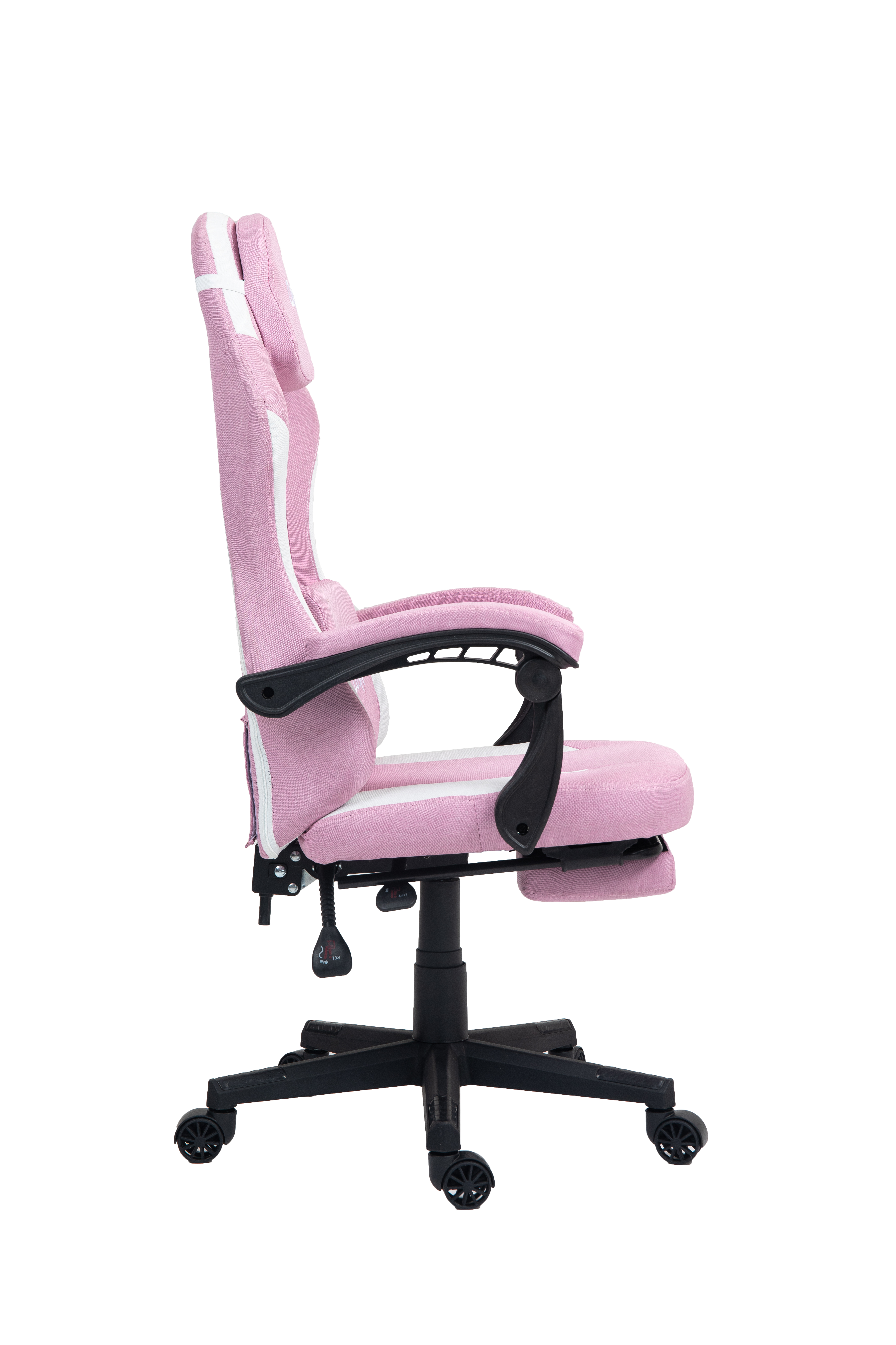 Różowe krzesło gamingowe z białymi akcentami i czarną podstawą.