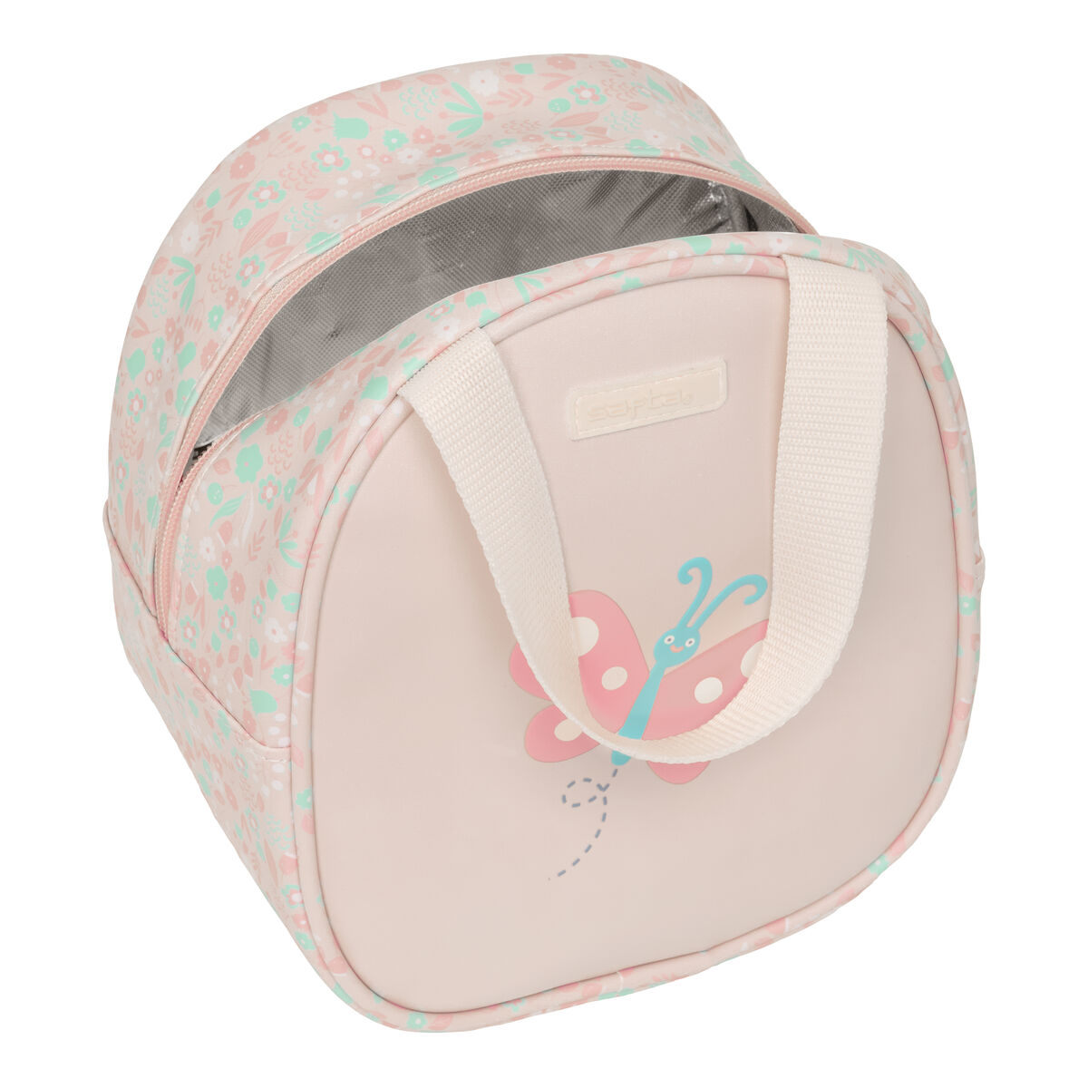 Eine runde, hellrosa Lunchtasche mit Blumenmuster und Schmetterlingsapplikation.