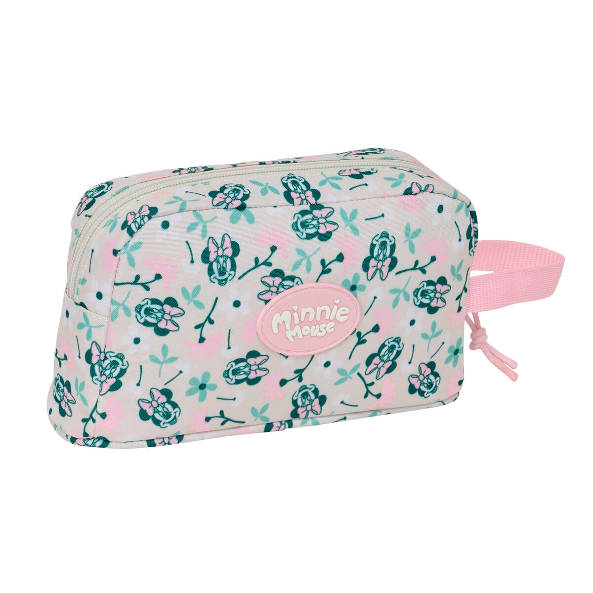 Eine Kosmetiktasche mit Blumenmuster und Minnie Maus-Motiv, beige mit rosa und türkisen Akzenten.