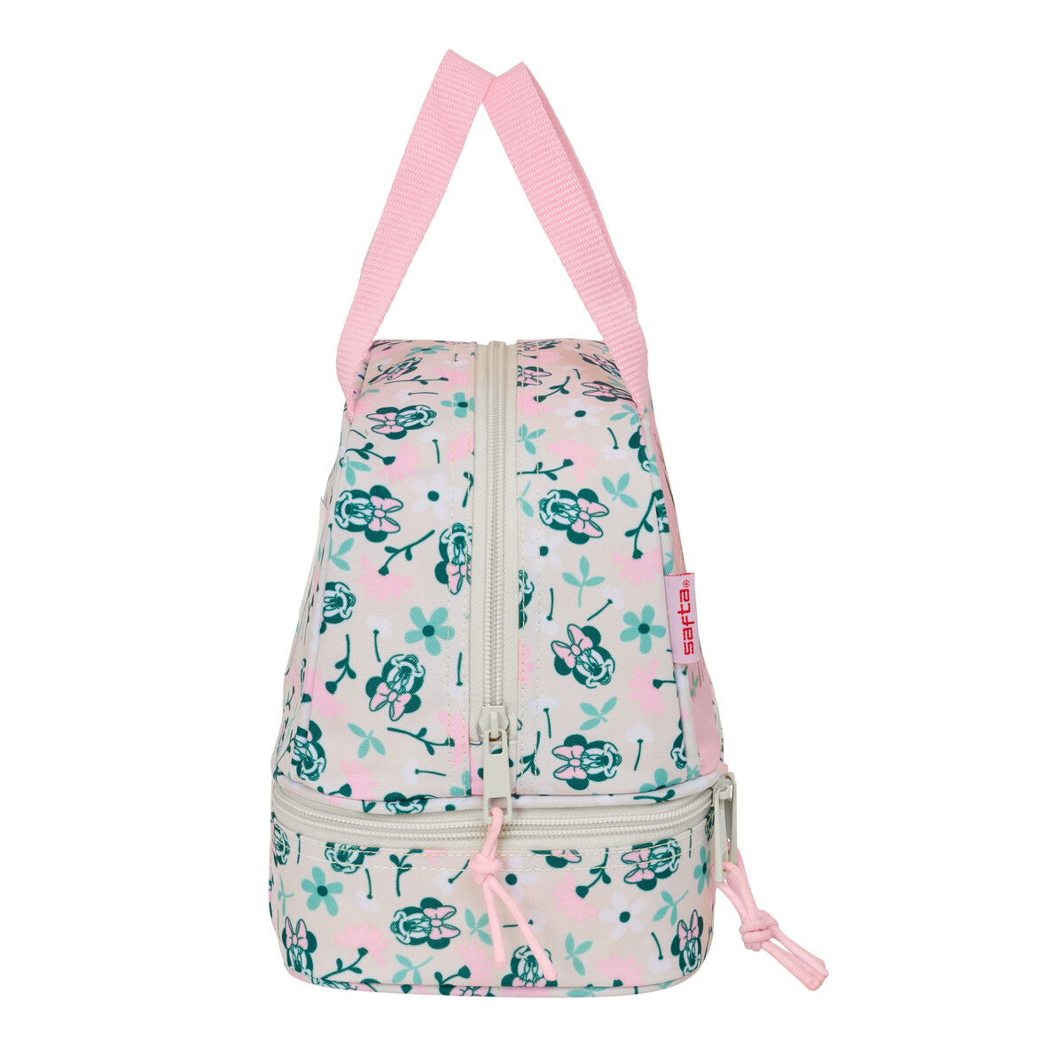 Eine beige Tasche mit rosa und grünen Blumenmuster und rosa Henkeln.