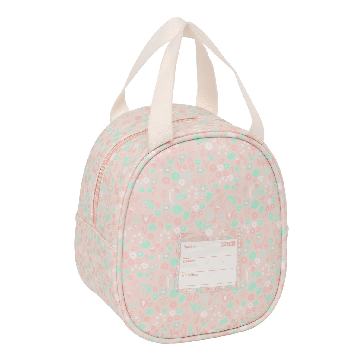 Eine runde, rosa Tasche mit Blumenmuster in Grün und Rosa.